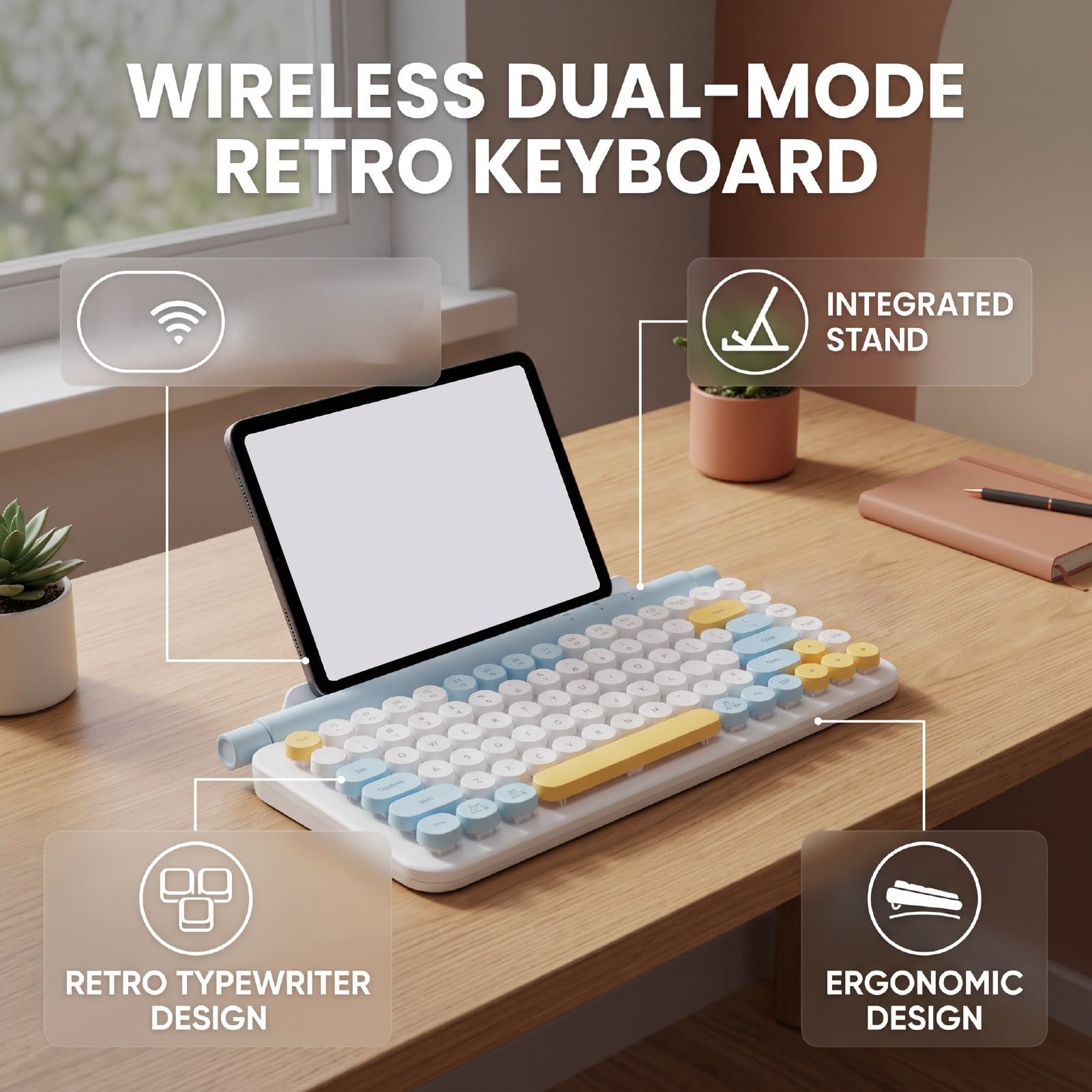 Teclado Inalámbrico de Modo Dual Bluetooth 5.0 con Soporte (Azul