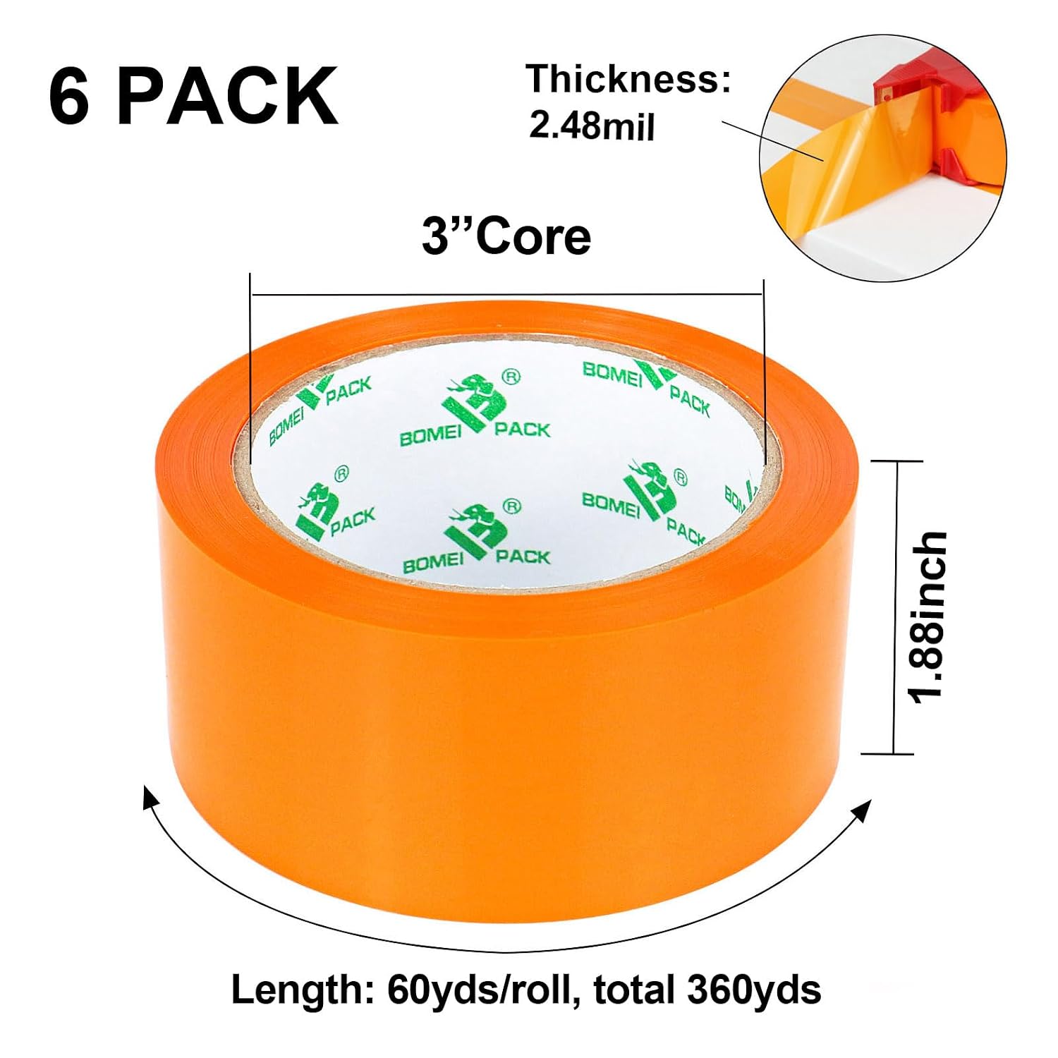 BOMEI PACK Packing Tape with Red Dispenser Colored Packaging Tape for Shipping Moving Strong Sealing Adhesive Industrial Depot Tapes for Storage 1.88 inch x 60 Yards, 6 Rolls (Orange) image 2