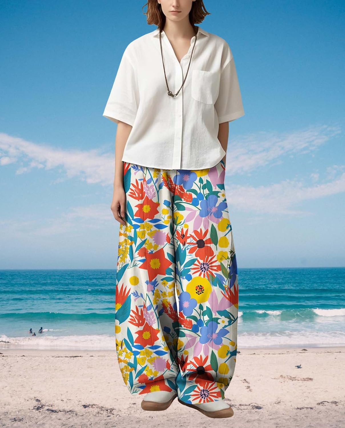 Womens Boho Floral Printed Pants Elastic Waist Wide Leg Casual Trousers Loose Fit Pant with Pockets for 2025 Summer - Image 3