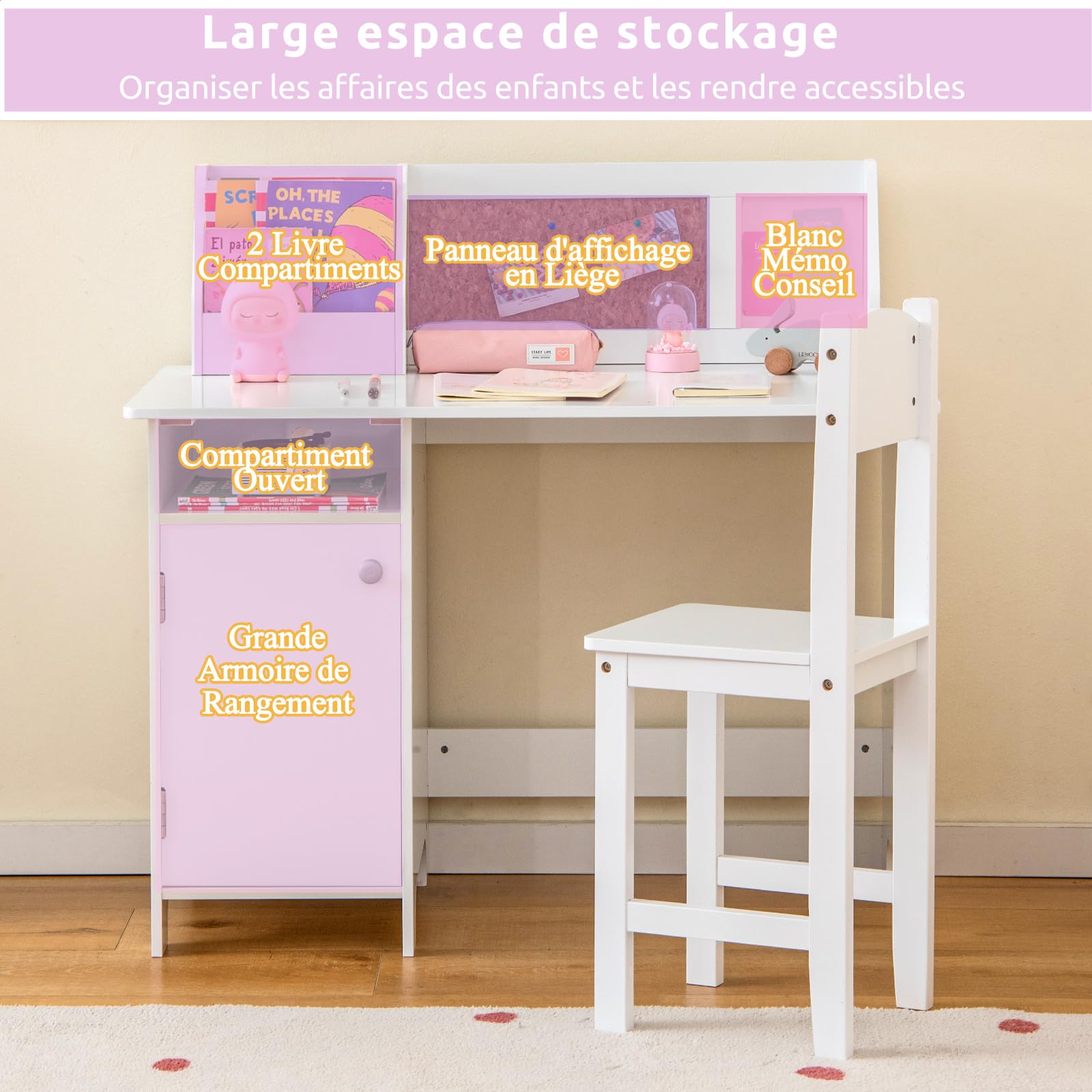 LIFEZEAL Bureau Enfant avec Chaise en Bois, Table d'Etude 90x45x86cm 90kg, Chaise 50kg, Blanc