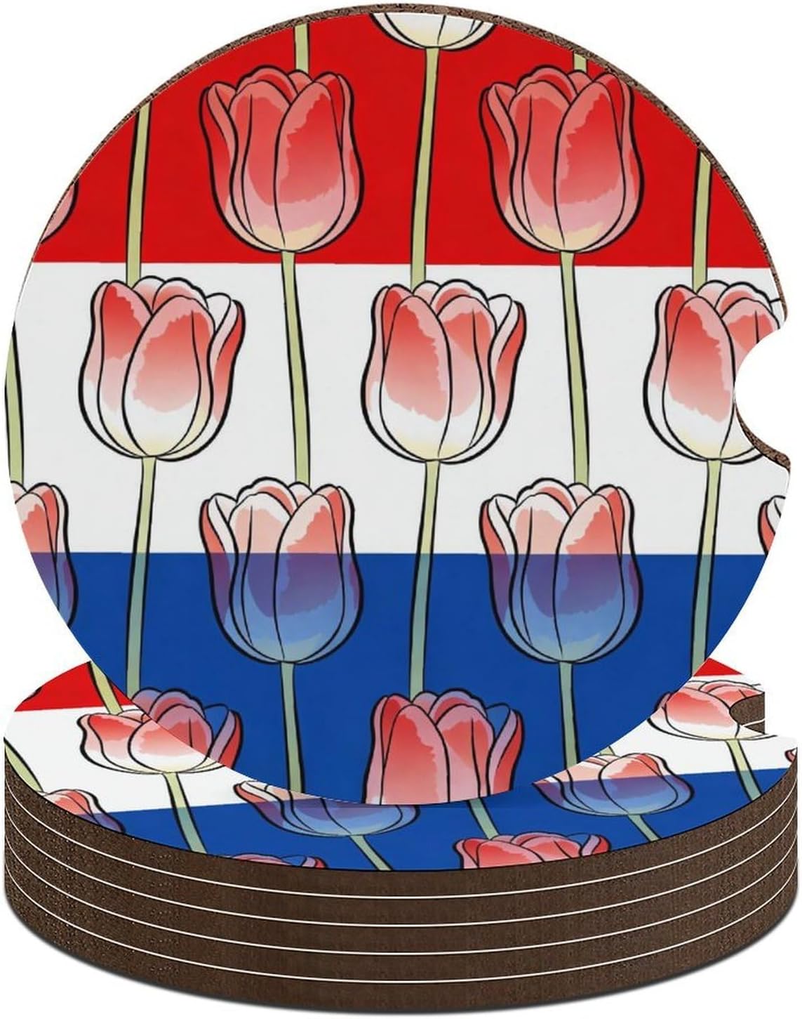 Dutch Tulip Flag Car Cup Holder Coaster with Cork Base 2.6 Inches Anti Slip | Absorbent Cute Car Accessories Interior Fashion Decor with Finger Notch
