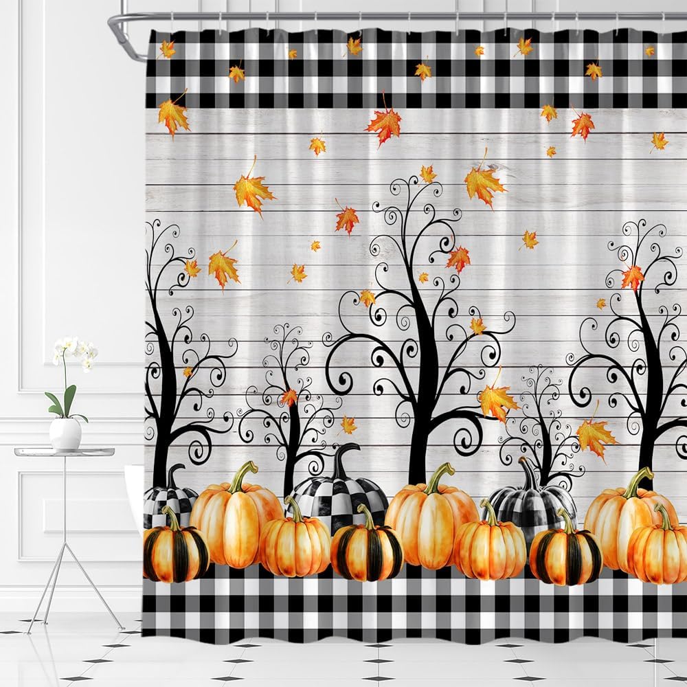 Autumn Pumpkin Shower Curtain Rustic Fall Maple Leaves Black White Buffalo Check Plaid Farmhouse Rustic Fabric Home Bathroom Decor Set with Hook(108" Wx70 H)