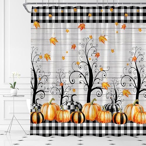 Miniatura 2 de Cortina de ducha de calabaza de otoño, hojas de arce rústicas, color negro y blanco, a cuadros, tela rústica, para el hogar, baño, juego de