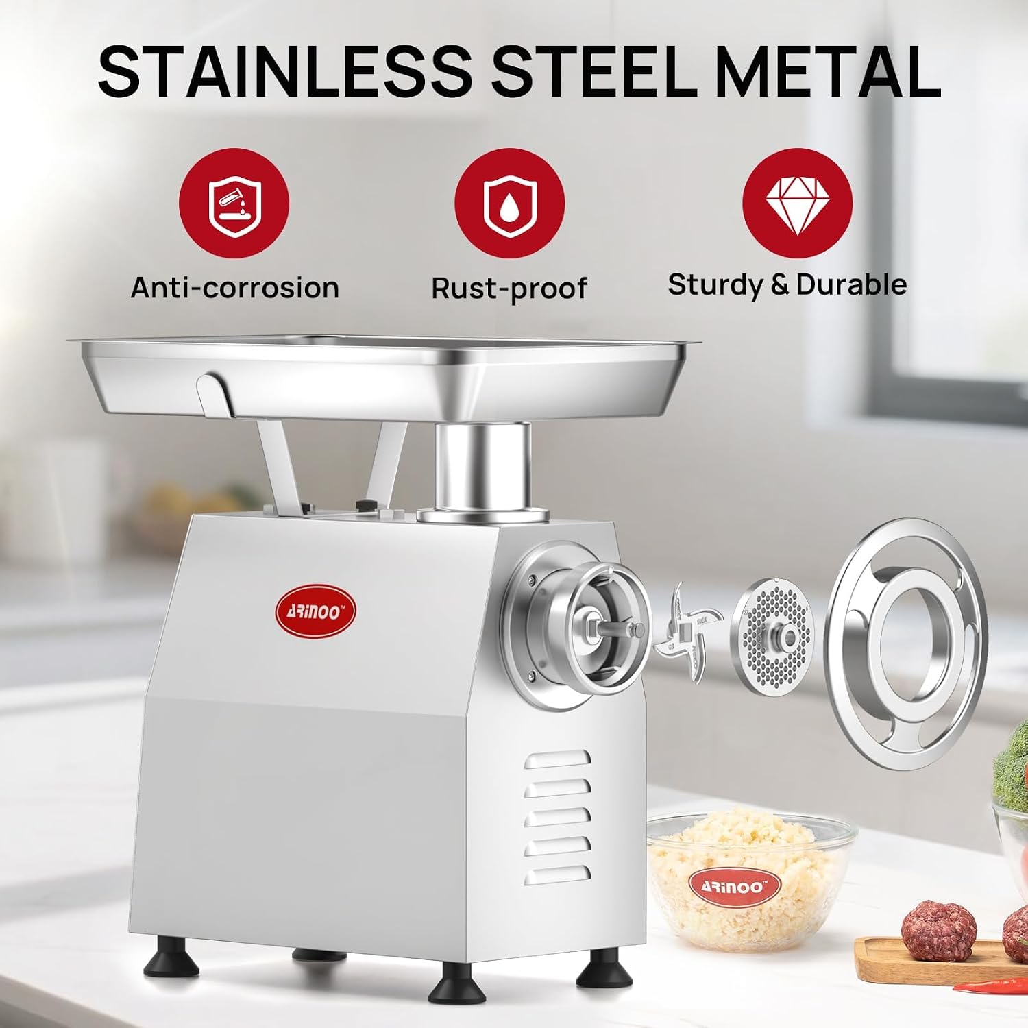 Commercial Meat Grinder #32, 2.0HP Heavy Duty Industrial Stainless Steel Meat Mincer, Sausage Stuffer with 2 Blades, 2 Plates & 3 Sausage Tubes, Meat Grinder Machine for Deer Processing,Pet Food