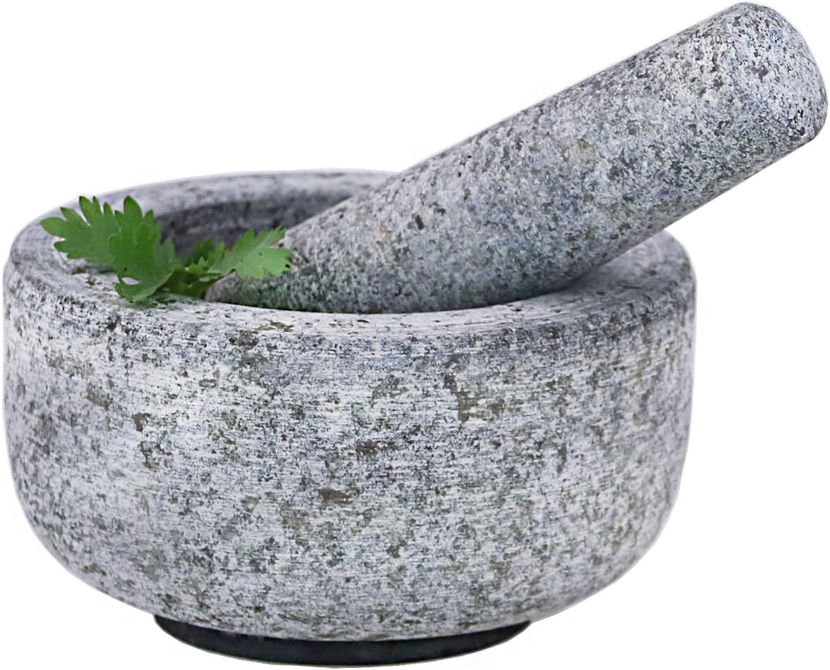Pestle Mortar Granite Large Mortar and Pestle Set Cooking Stone Kitchen Molcajetes Deep Bowl and Pestles Spice Grinder Mortars for Cooking with 2 Replaced Anti Slip Detachable Damping Base, Grey