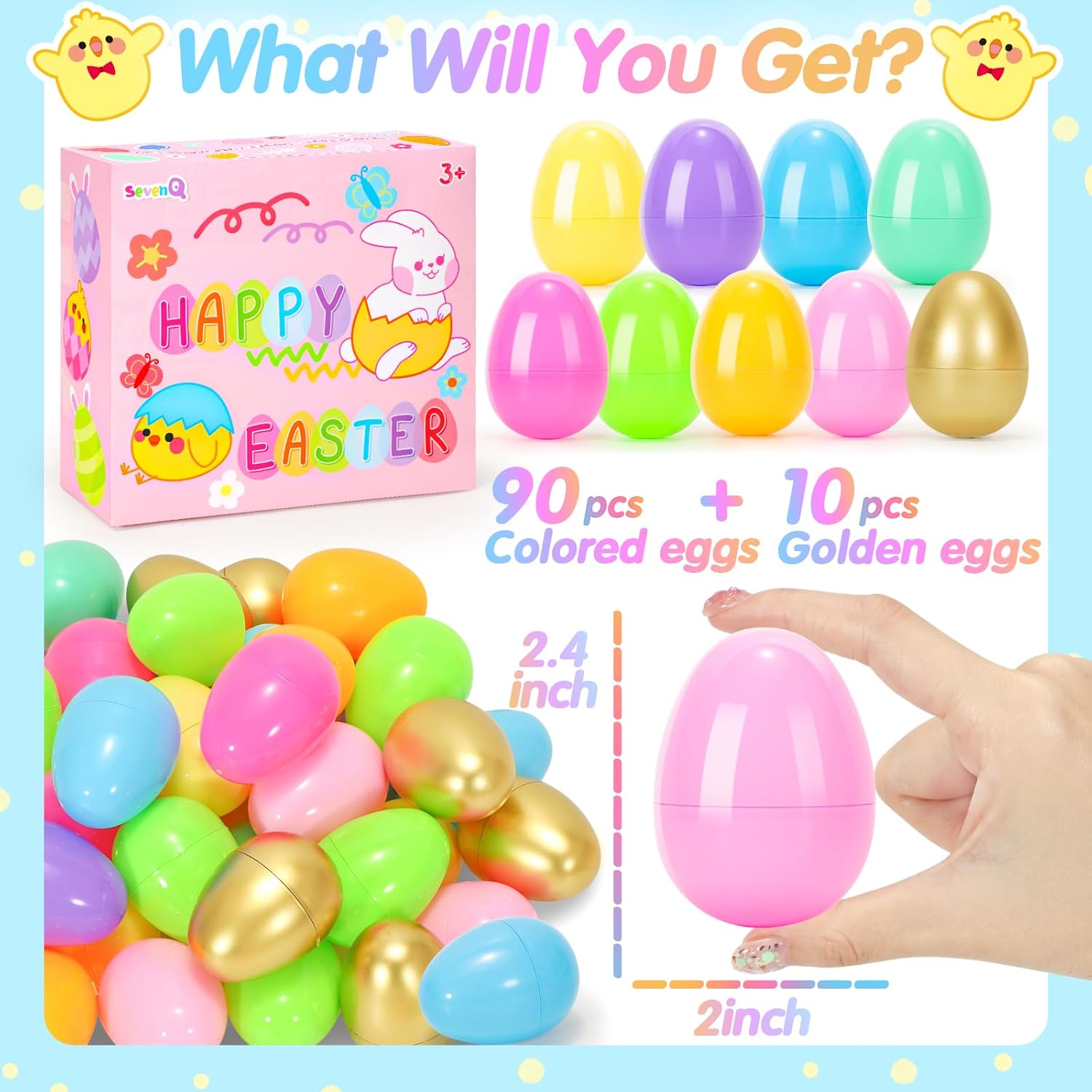 SevenQ Plastic Easter Eggs Fillable, 100Pcs 2.4" Empty Colorful and Golden Eggs for Easter Basket Stuffers Gifts for Kids Party Favors Pinata Treasure Box Toys Classroom Goodie Bags Egg Hunt Supplies