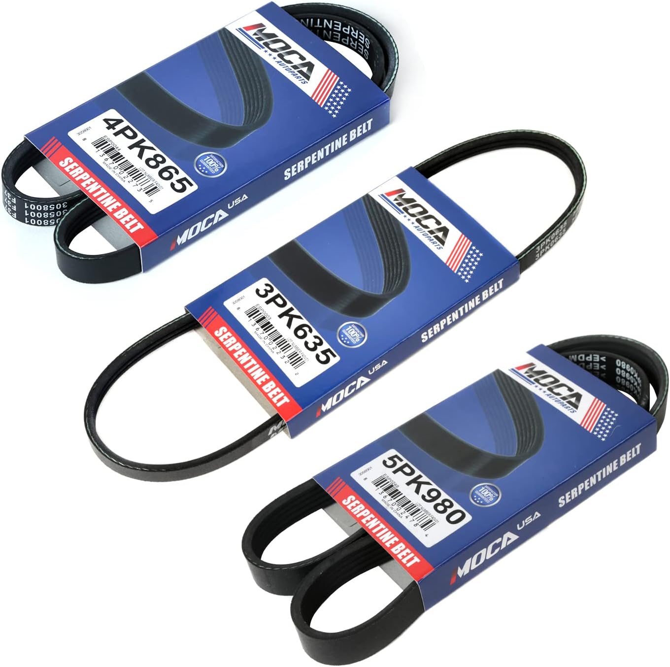 MOCA 3PK635 & 4PK865 & 5PK980 3 Pcs EPDM Serpentine Belts fits 1990-1997 for Toyota CELICA 1.8L L4 Gas DOHC Naturally ASPIRATED, 1988-1997 Corolla 1.6L, 1993, 1997 COROLL 1.8L