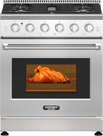 COSTWAY 30 Inches Natural Gas Range, with 5 Burners Cooktop & 4.55 Cu.Ft. Convection Oven, Storage Drawer, Dual Fuels Range with Cast Iron Grates & Enamel Interior, Stainless Steel 30 Inch