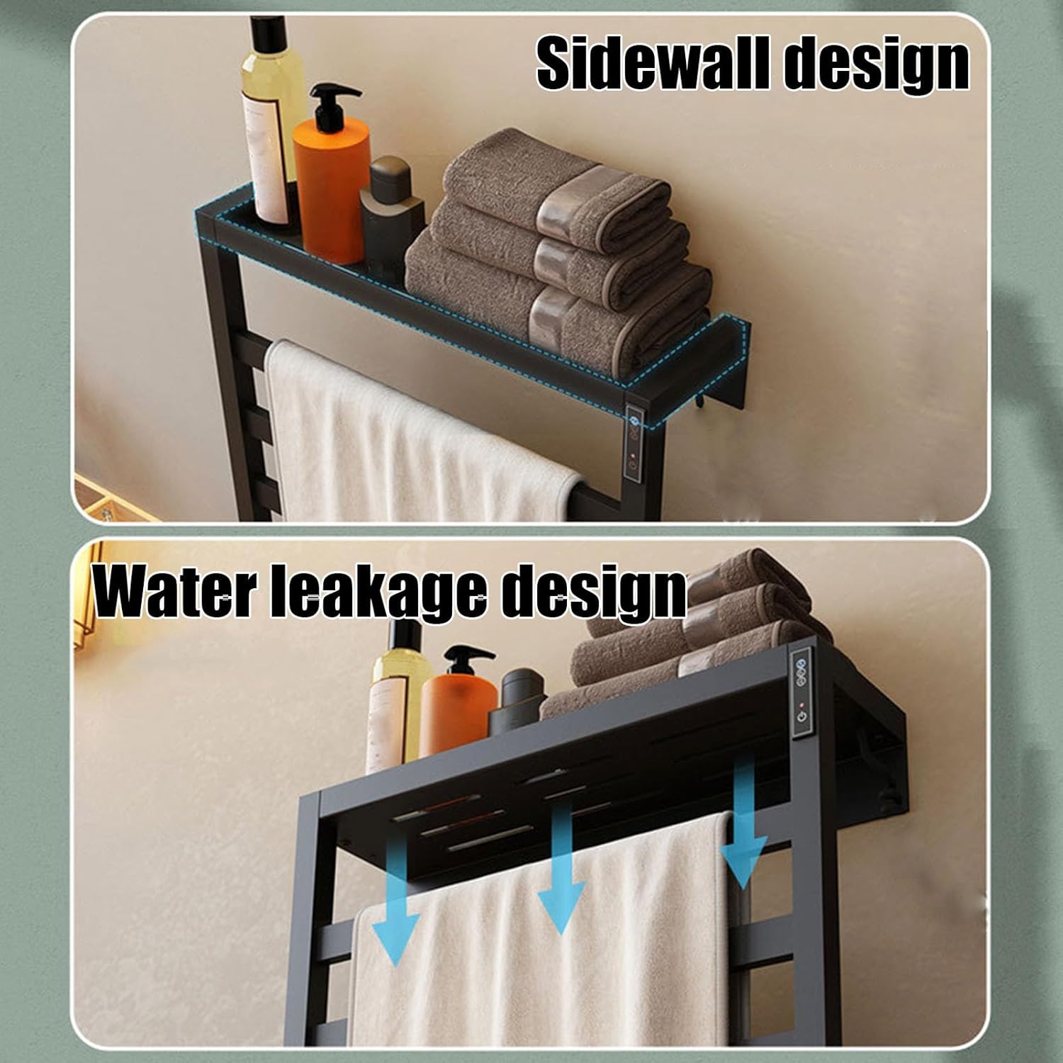Black,Left Wire,Stainless Steel with Top Shelf,Heated Towel Drying Rack Constant Temperature,Bathroom Wall Mounted Heated Towel Bar