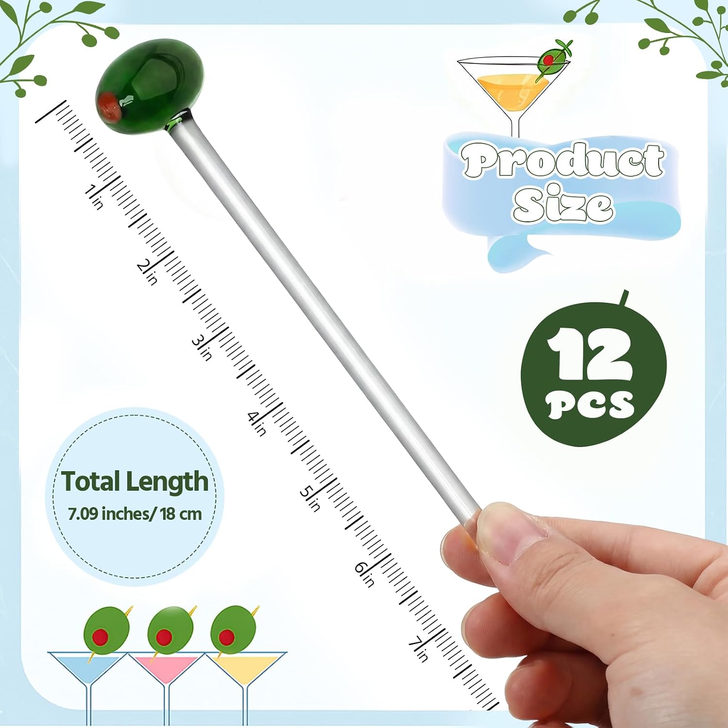 Qinyoung 12 Pcs Glass Martini Drink Stirrers 7 Inch Olive Swizzle Sticks for Cocktails Coffee Reusable Olive Beverage Stir Sticks for Birthday Party Coffee Bar Kitchen Bar Weddings