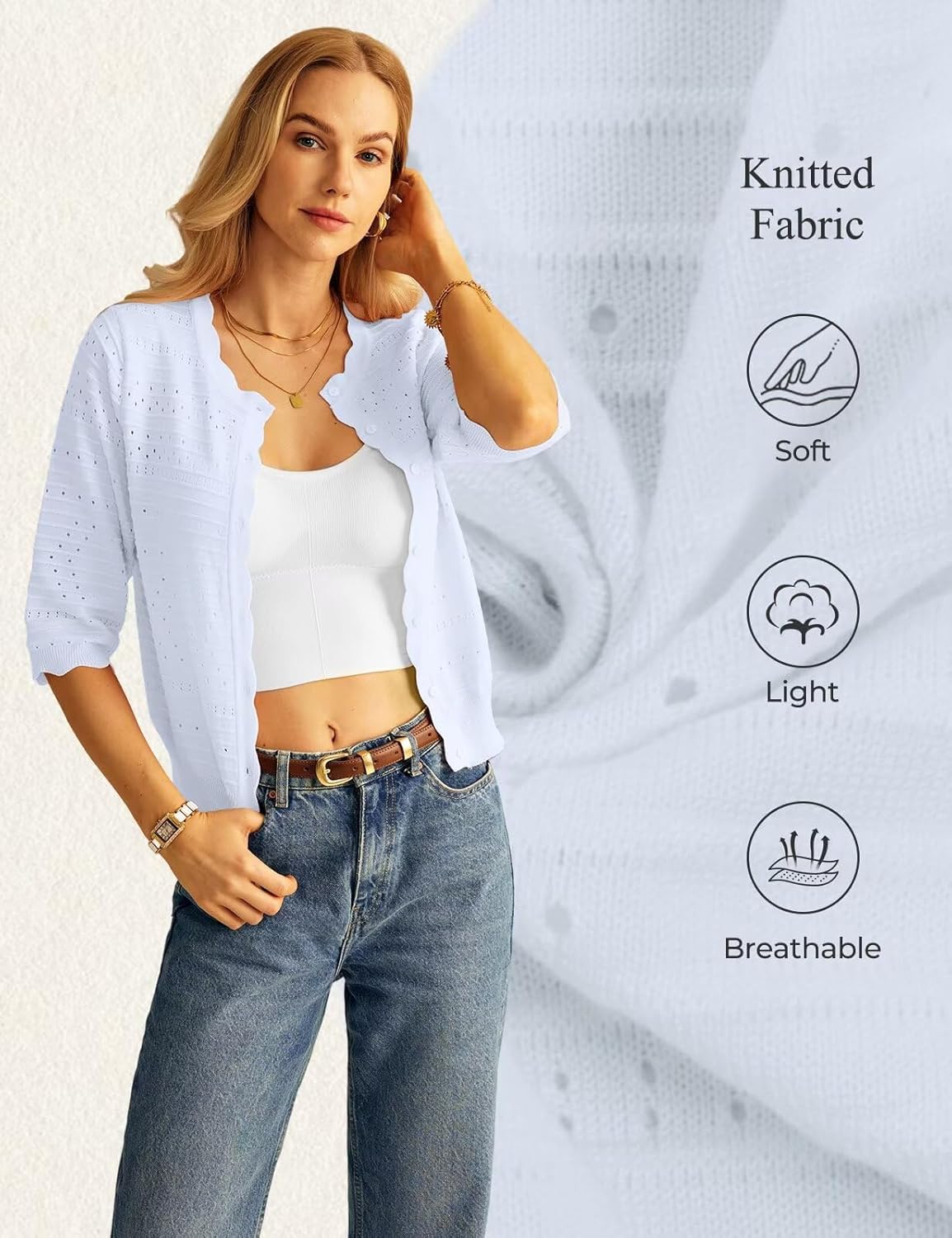 GRACE KARIN Womens 3/4 Sleeve Cardigan Sweater, Lightweight Cropped Cardigan Trendy, Dressy Casual Crochet Bolero Shrugs - Image 4