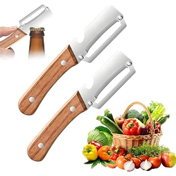 3-in-1 Zero Snag Wooden Peeler Multifunctional Vegetable Peeler Peeler with Wooden Handle Made of Stainless Steel with Integrated Bottle Opener for Fruit Vegetable Meat Slices Pack of 2