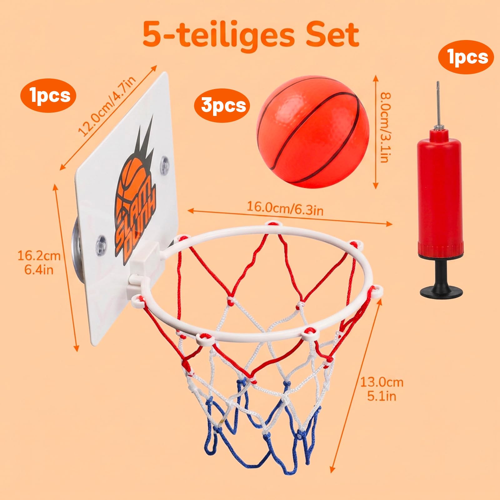 Mini Basketballkorb Set, Mini Basketball Indoor Spiel, Basketballkorb fürs Zimmer mit Luftpumpe, 5-teiliges Komplettset mit Basketballkorb und DREI Basketbällen