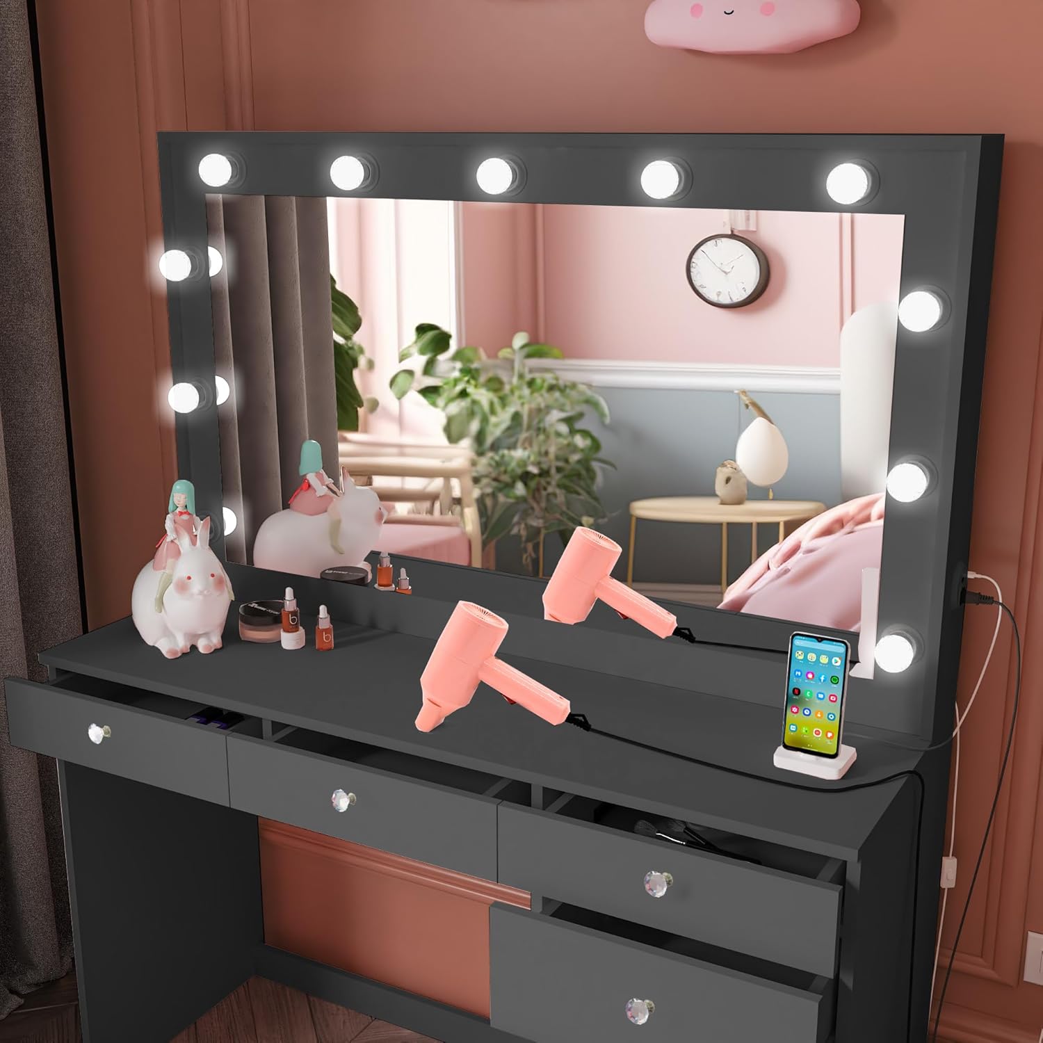 Boahaus Diana Large Makeup Vanity Desk with Hollywood Vanity Mirror, Built-in Lights, 7 Drawers, Large Top, Crystal Knobs, Black Makeup Table for Bedroom, 58.2'' H x 47.2'' W x 17.7'' D