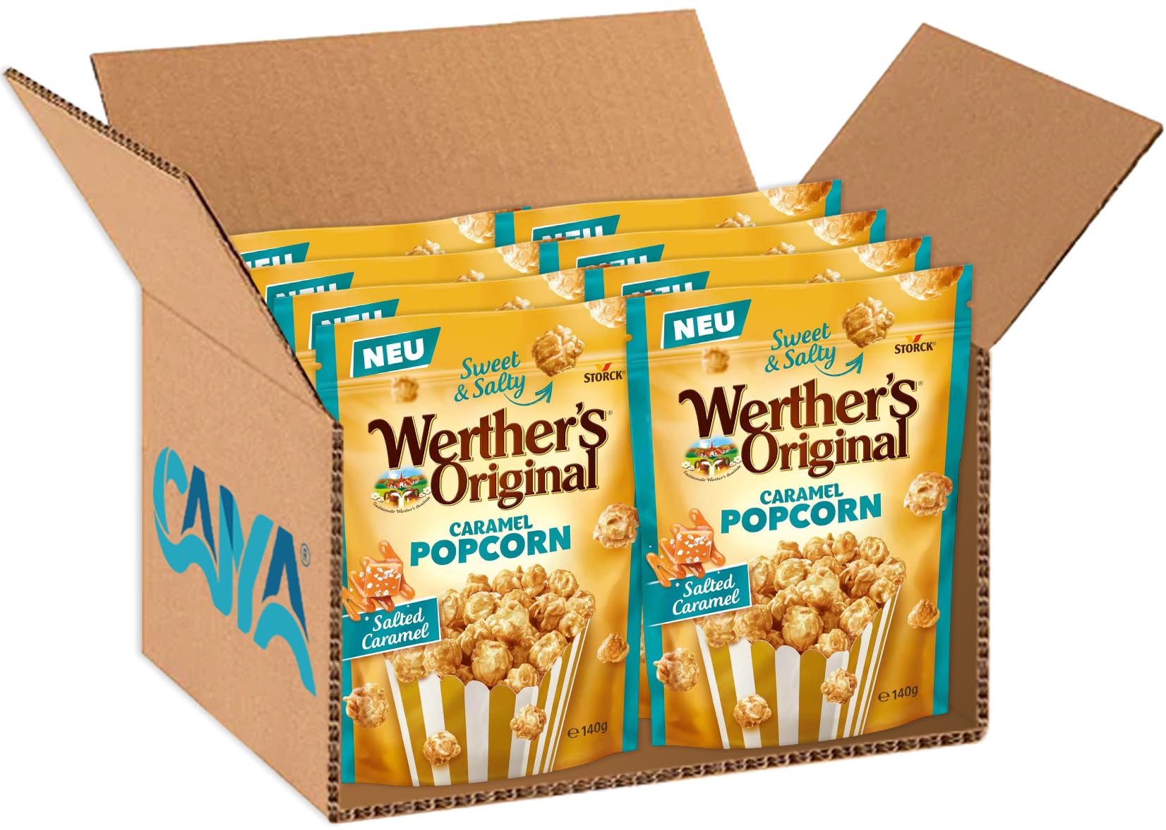 Pop Corn Original Salted Caramel, Popcorn Ricoperti di Caramello Salato (BLUE) per werther's 140g [BOX con 8 Confezioni]
