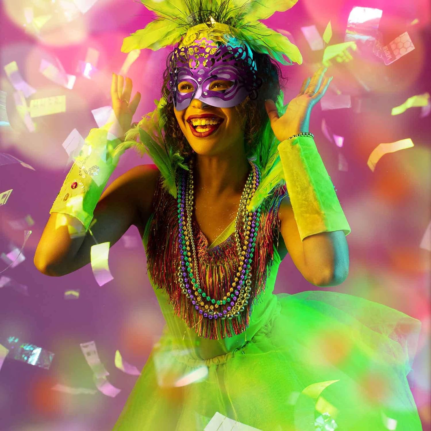 Jiuguva 8 Pcs Mardi Gras Shawl Scarf Outfit for Women Mardi Gras Throws Dress Costume Set Carnival Accessories Decorations Headband Earrings Beads Necklace Mask for Masquerade Party - Image 5