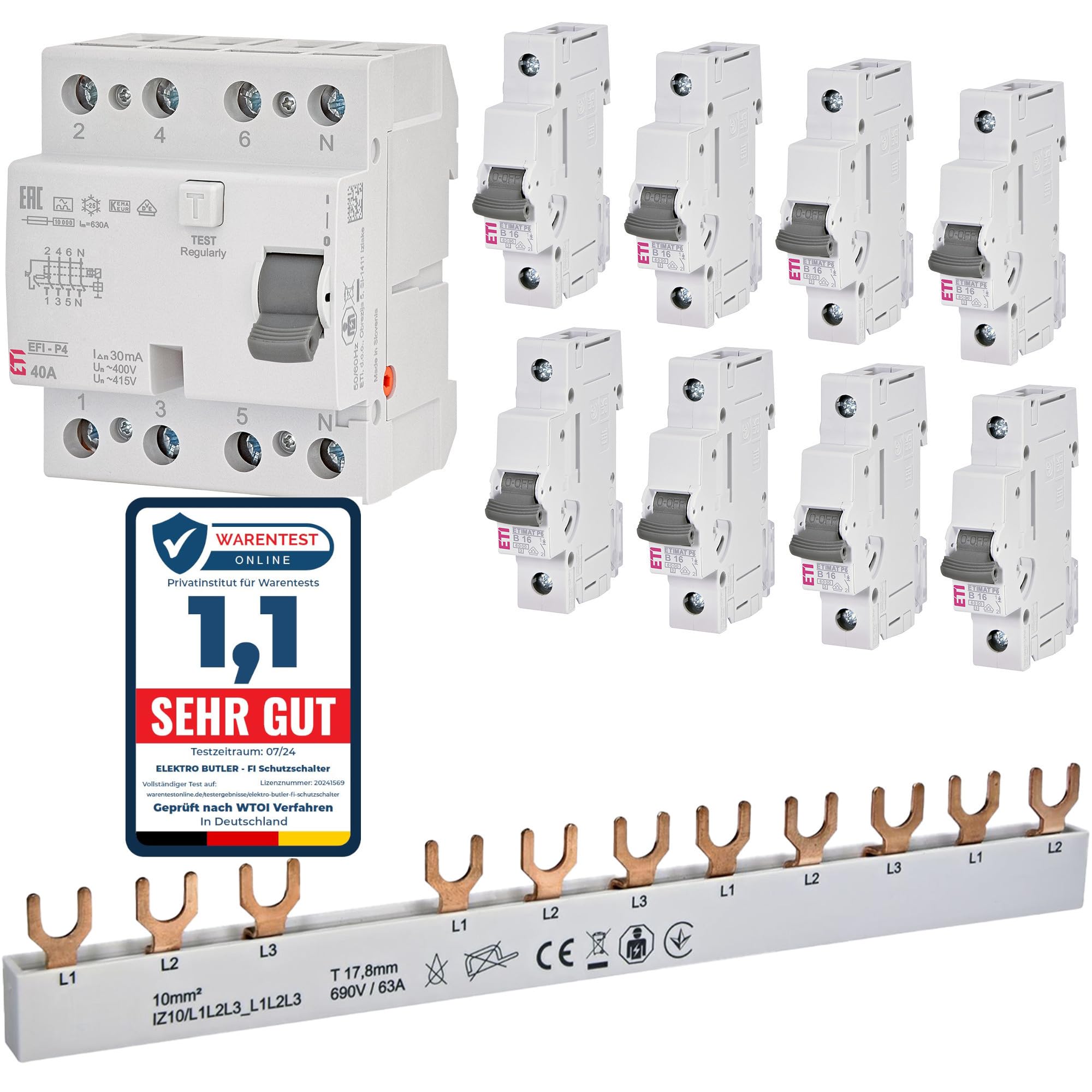 Electrical Installation Professional Set - 1 X FI Circuit Breaker 40 A 30 MA 4-Pin + 8 X Circuit Breaker 16 A 1-Pin + 1 X Phase Rail 3-Pin 10 Mm² 63 A