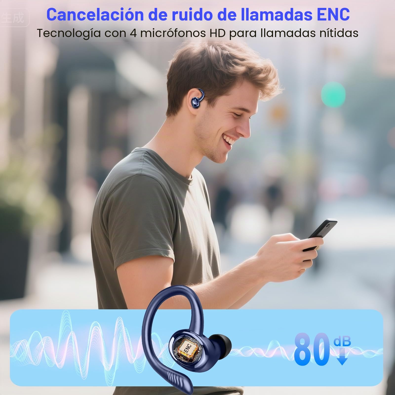 Auriculares Inalámbricos Bluetooth Deportivos, 60H Auriculares Bluetooth 5.4 con HiFi Estéreo, 4 ENC Mics, 2026 Cascos Inalambricos con Cancelación RuidoI/IP7 Impermeable/Azul Auriculares para Correr