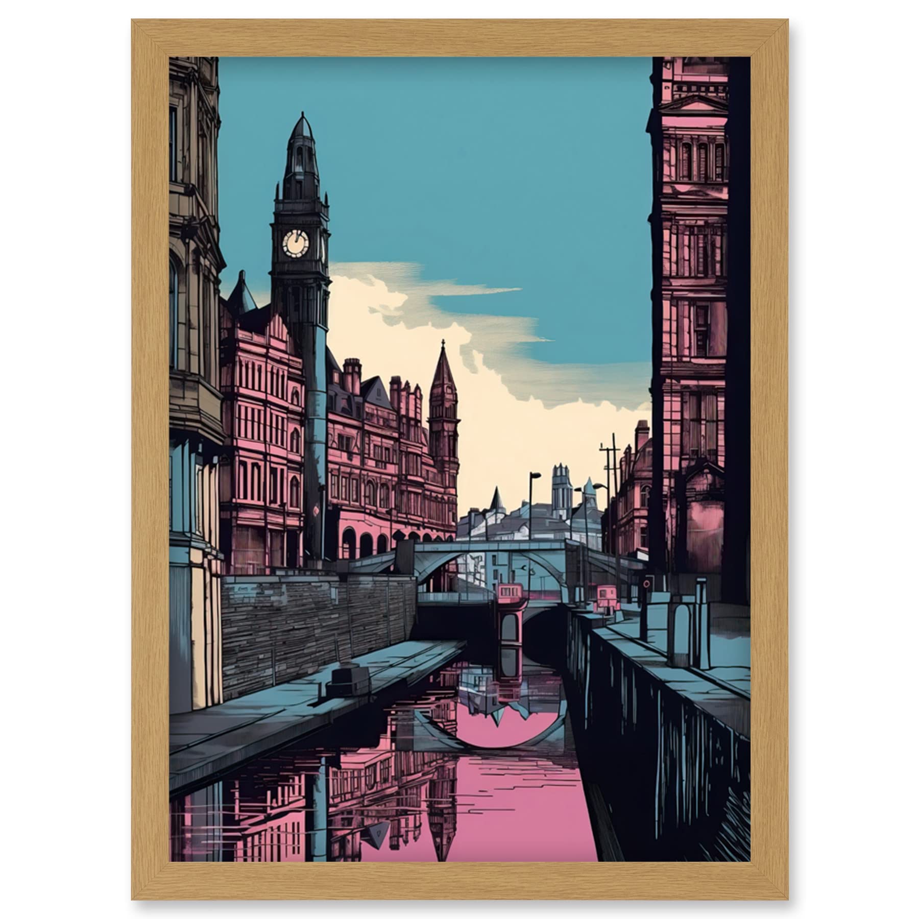 Artery8 Leeds Canal Cityscape Pink and Teal Illustration Artwork Framed Wall Art Print A4