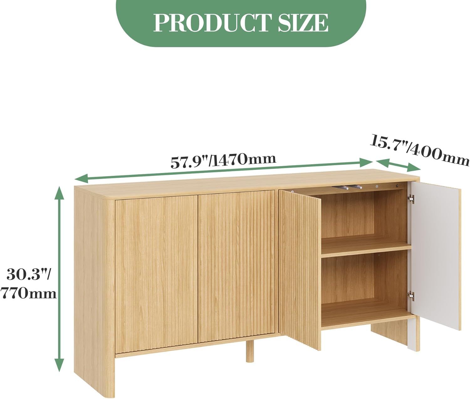 58" Fluted Sideboard Buffet Cabinet with Storage, Oak Storage Cabinet with Adjustable Shelves and 4 Fluted Doors - MDF Wood Credenza Console Table for Kitchen, Dining Room & Entryways