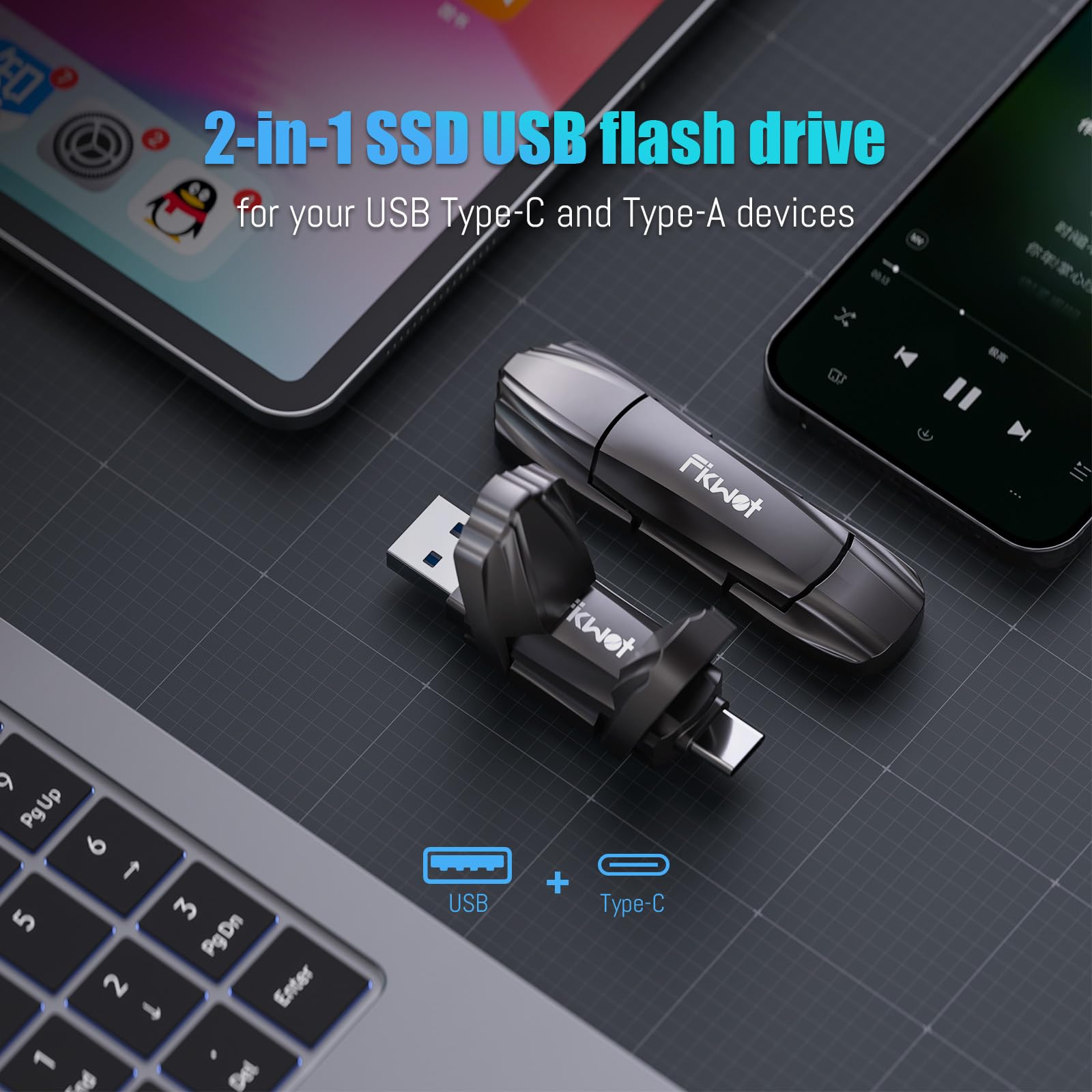 Fikwot FU386 Clé USB SSD 512 Go USB 3.2 Gen2 550 Mo/s Type C + USB A PSSD pour iPhone 15/16 Android Windows Mac PC