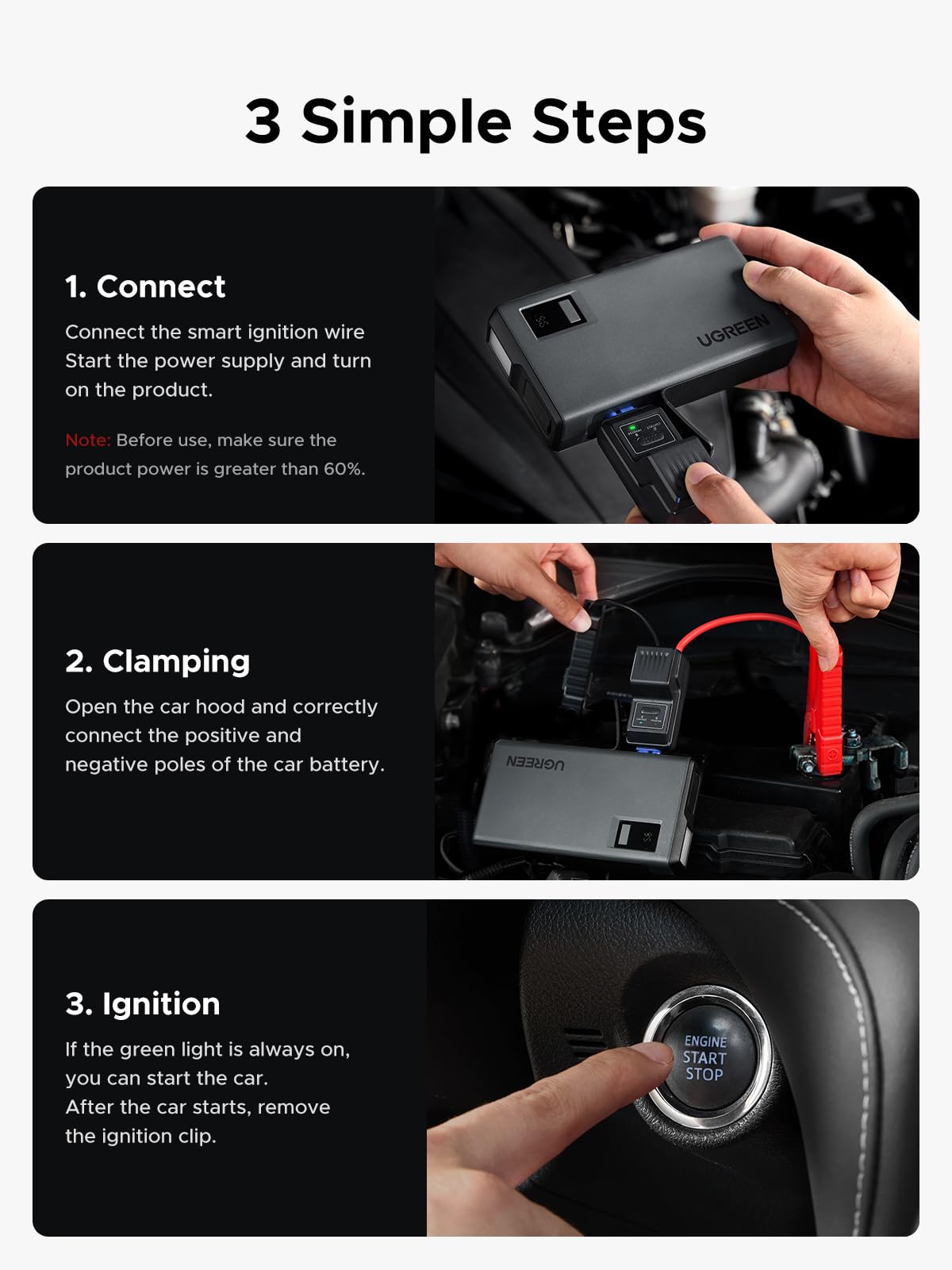 UGREEN Jump Starter Power Pack 1000A Batteria Auto Booster per 6.0L Benzina e 3.5L Diesel Motori 12000mAh Portatile Power Bank e cavi di avviamento con schermo digitale e luce LED per emergenza