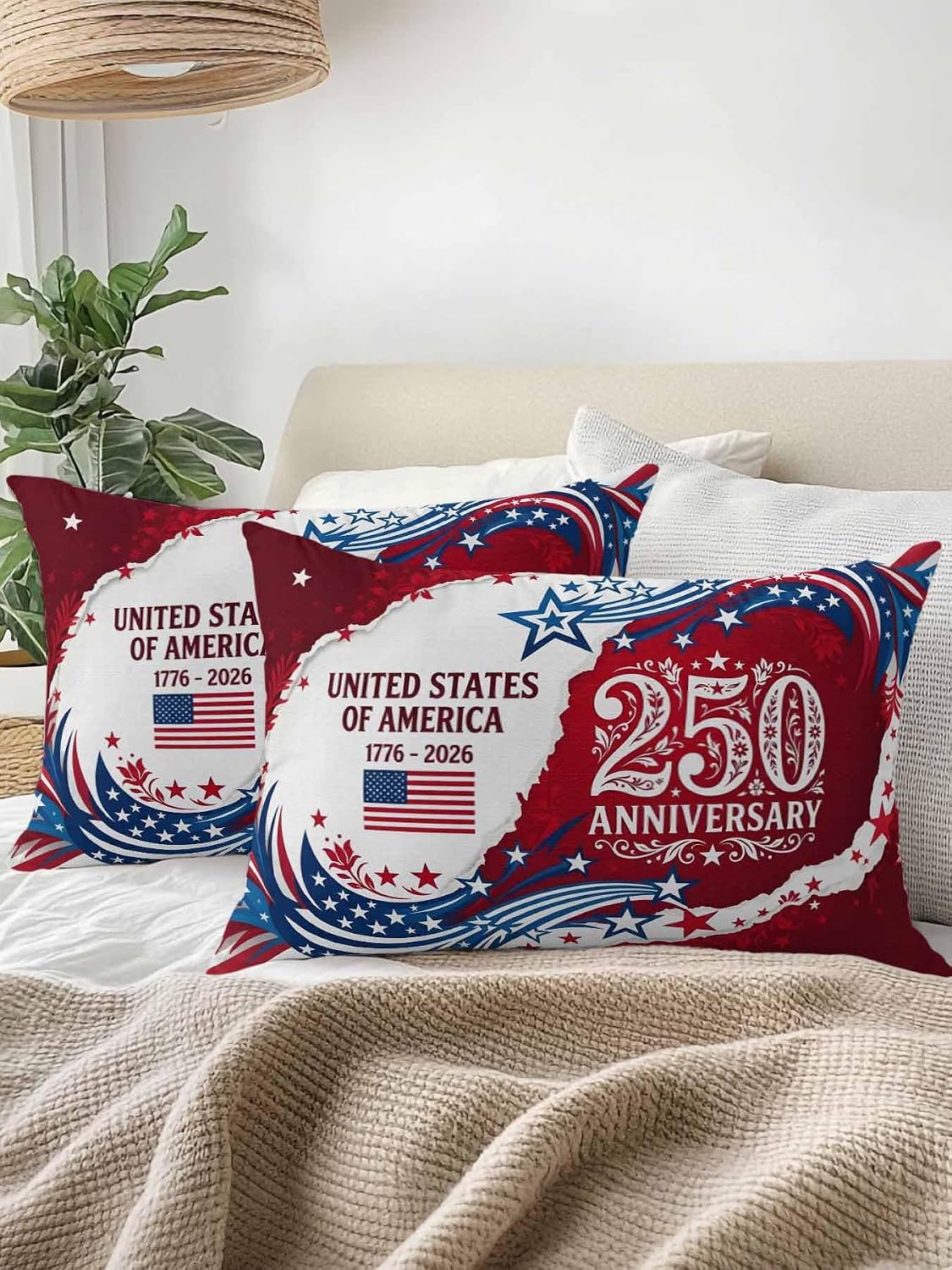 Set of 2 Outdoor Pillows Waterproof, 250 Anniversary USA Indoor/Outdoor Throw Pillows with Inserts, 4th of July 1776-2026 American Flag Decorative Pillow for Patio Furniture Chairs Couch 12"x20"
