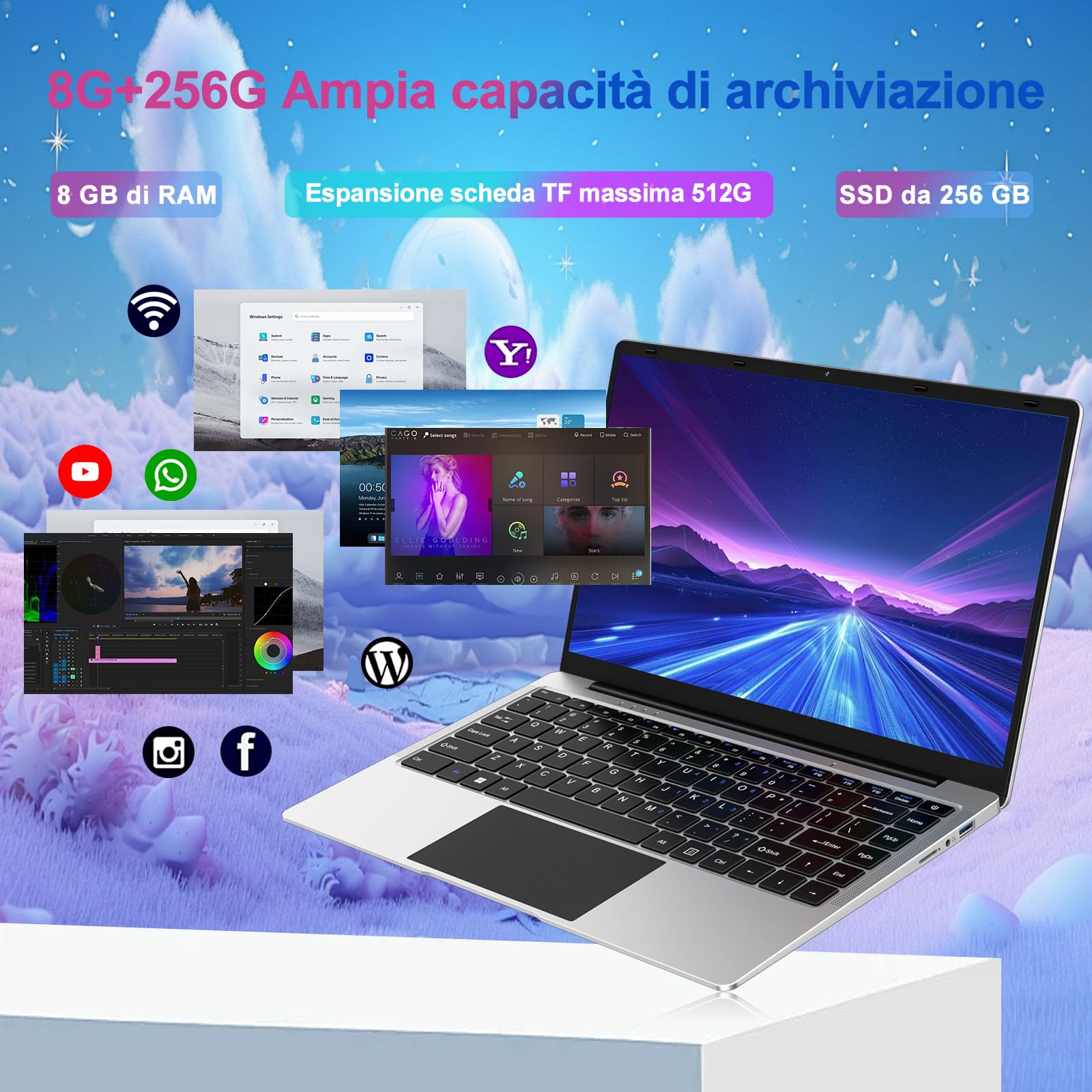 bvate PC Portatile 14 Pollici Computer Portatile 8GB RAM 256GB SSD RPM 600 Notebook Celeron Fino a 2.8Ghz Laptop Win 11 con Mouse Wireless & Adesivi per Tastiera Italiana-Sliver