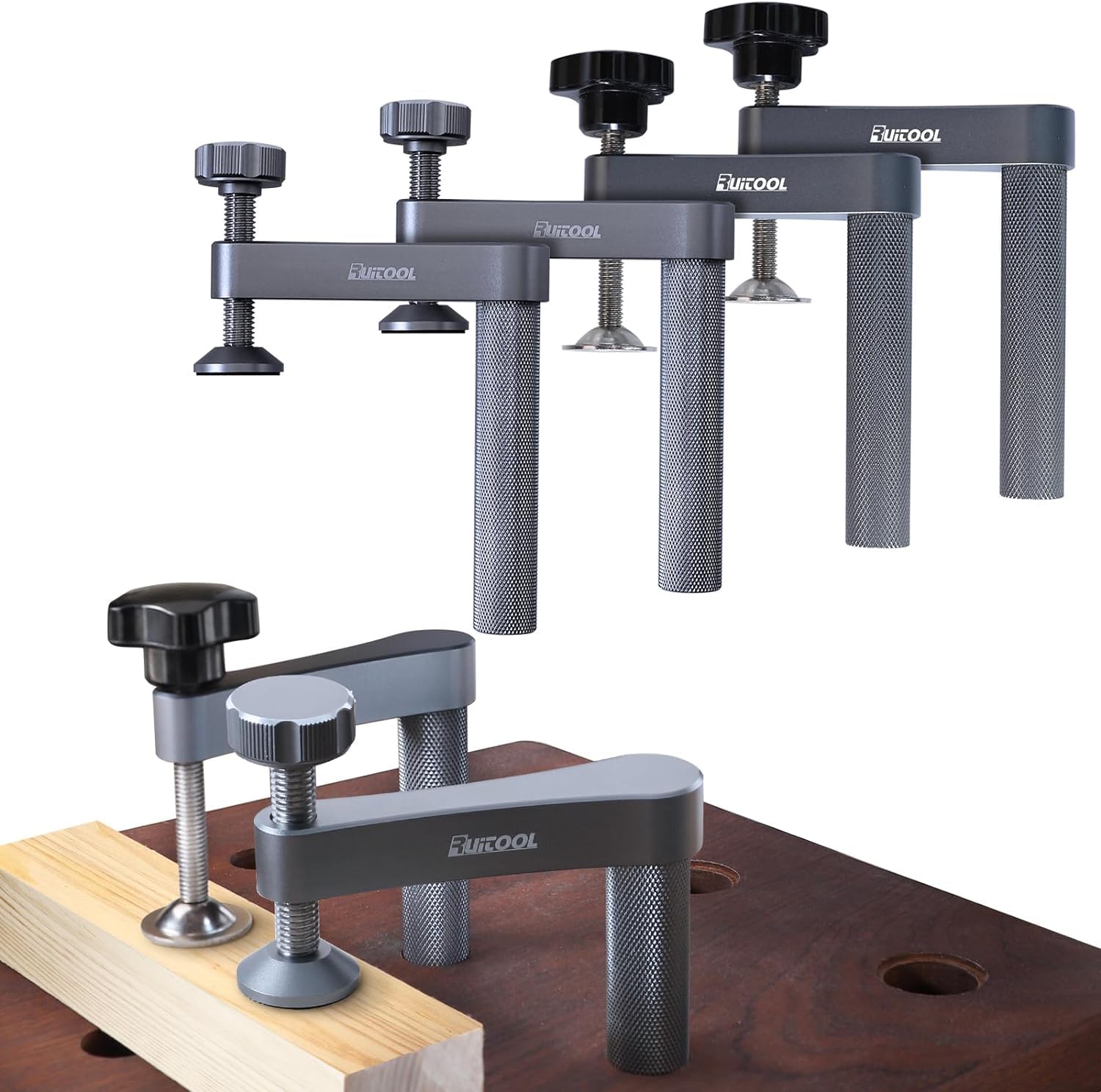 RUITOOL Woodworking Bench Dog Clamp Bundle - 3/4"（19mm) Stable Holdfast Dog Hole Clamp,Adjustable MFT Table Aluminum Table Clamps for Woodworking Tools - 4 Pack