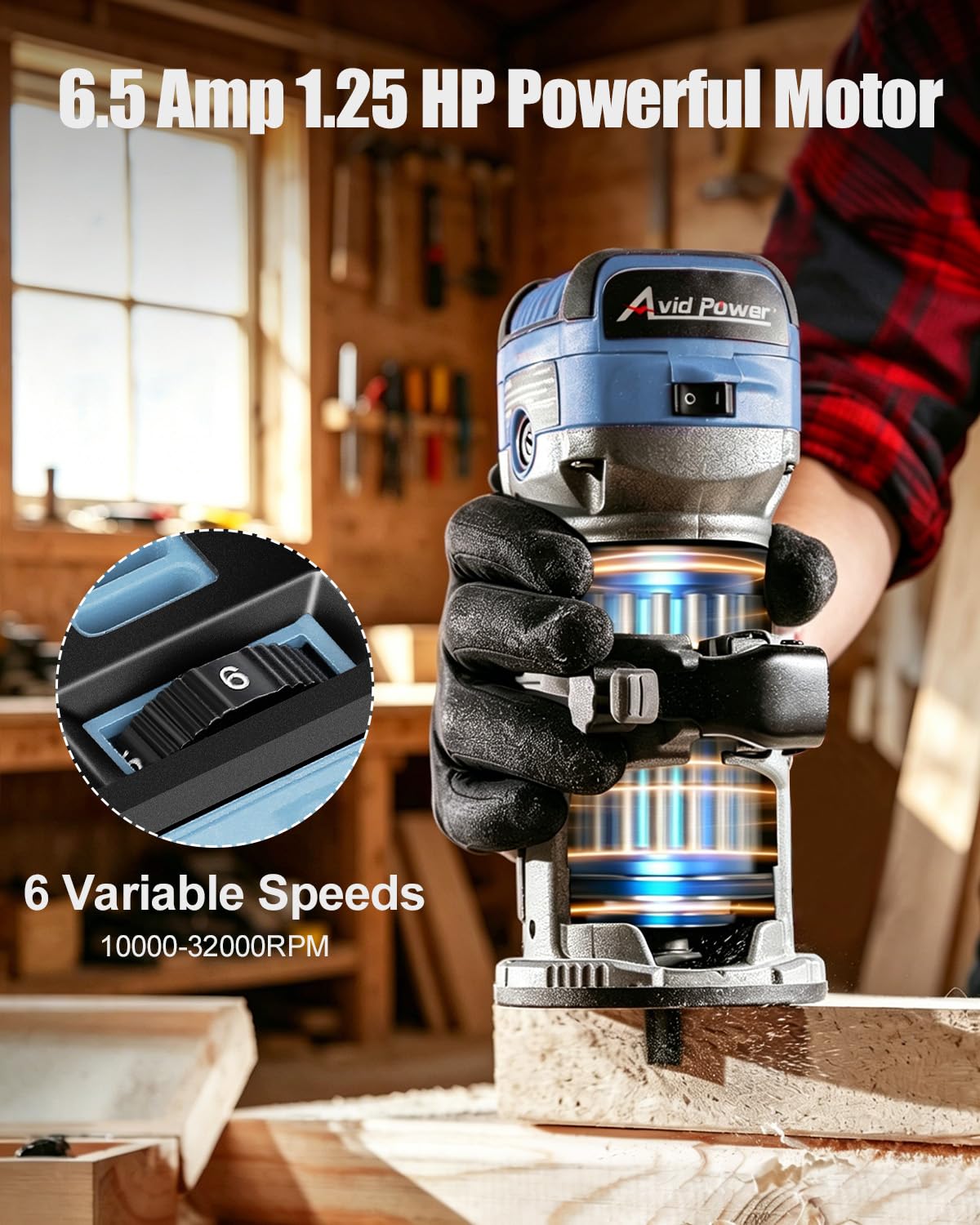 AVID POWER - Herramienta de enrutador compacto de 6.5A, 1.25HP, Aluminio, Base Fija, 6 Velocidades, Guía de Borde, 5 Brocas, Guía de Rodillo, Campana Antipolvo, Pinza, Llave