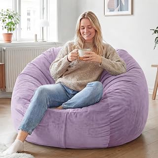 YuppieLife 4FT Bean Bag Chair, Foam Filled Bean Bags with Comfy Dutch Velvet & Machine Washable Cover, Adults BeanBag for Livingroom Bedroom, Purple