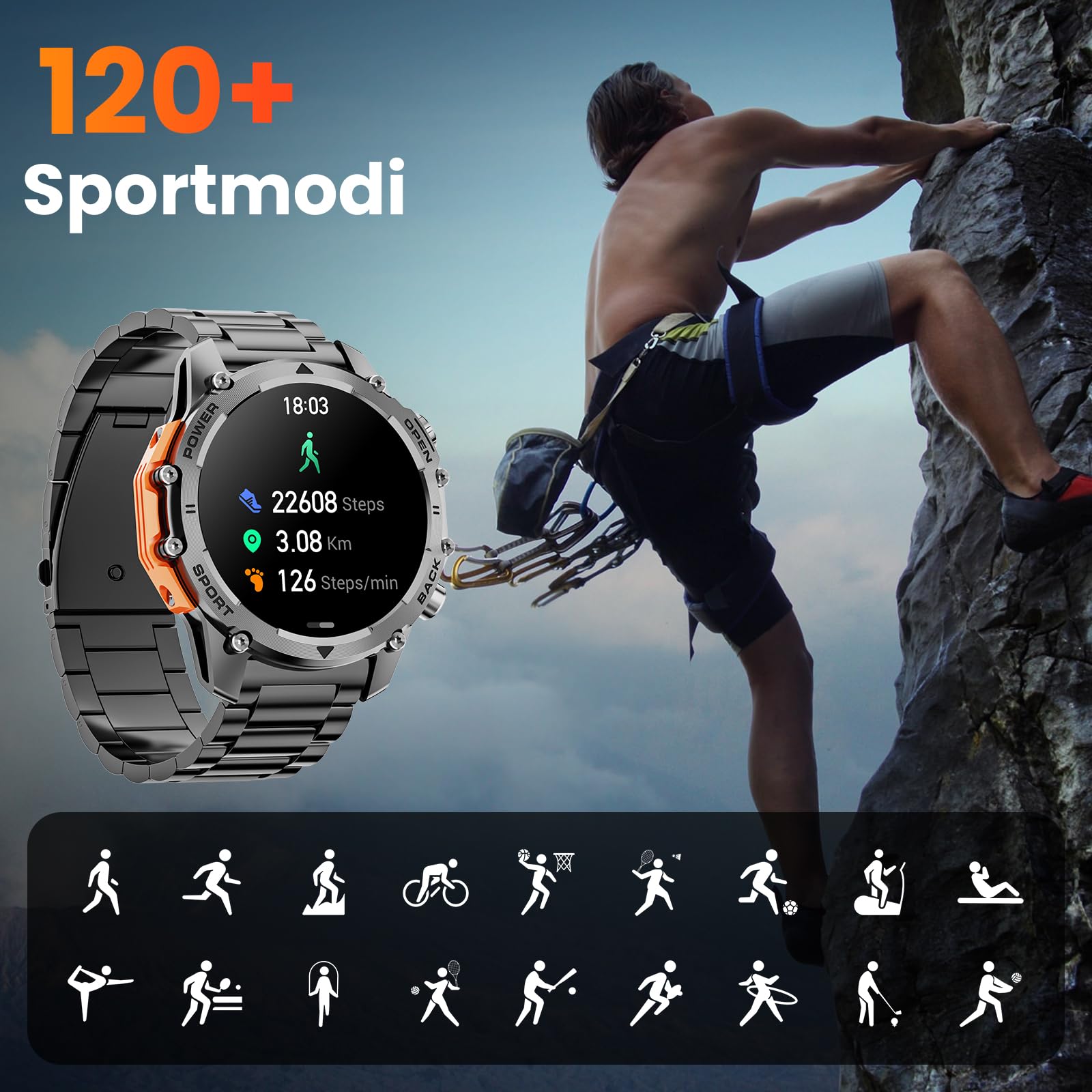Smartwatch męski, 1,52" HD Smart Watch z 500 mAh, długi czas pracy baterii, 114+ trybów sportowych, styl wojskowy, zegarek fitness z pulsometrem, krokomierzem, monitorem snu, latarką, z systemem