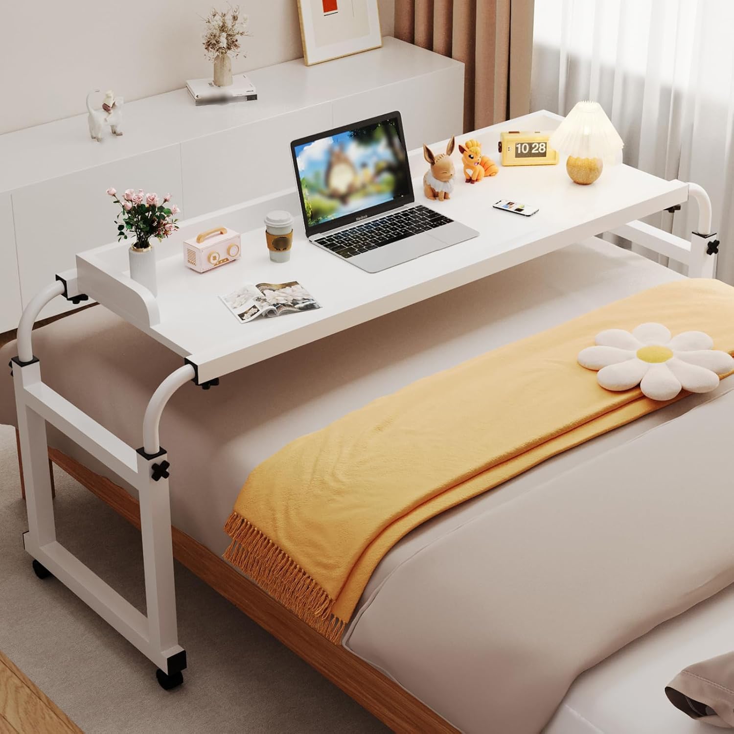 Table de lit à roulettes réglable avec roulettes pour la maison, l'hôpital et le travail de relaxation quotidien (couleur : blanc)