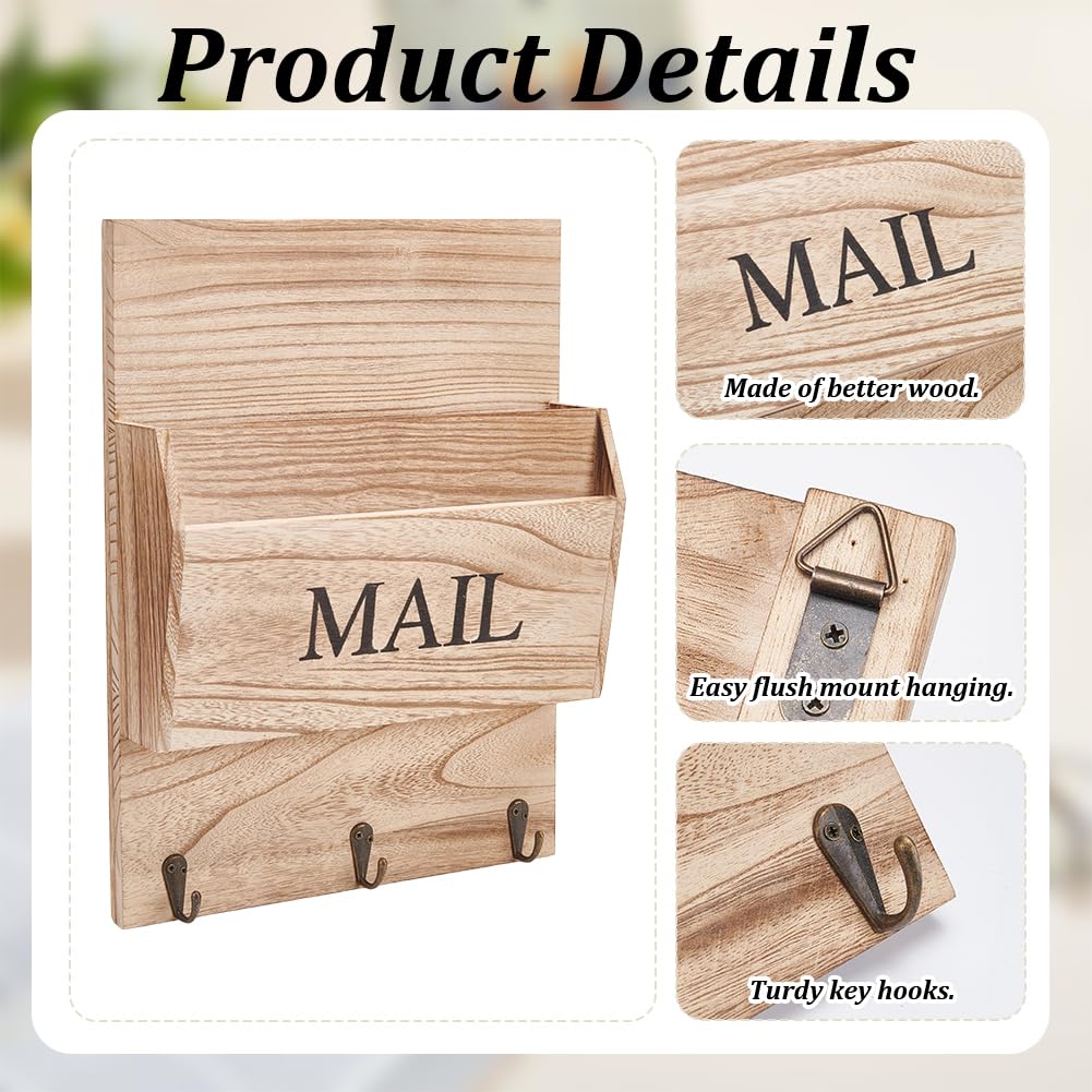 INFUNLY Soporte de madera para llaves de pared, organizador de correo de madera, colgador de llaves de pared con 2 ranuras para correo, paredes de 13.8 x 10.2 pulgadas, carpeta de cartas de granja con