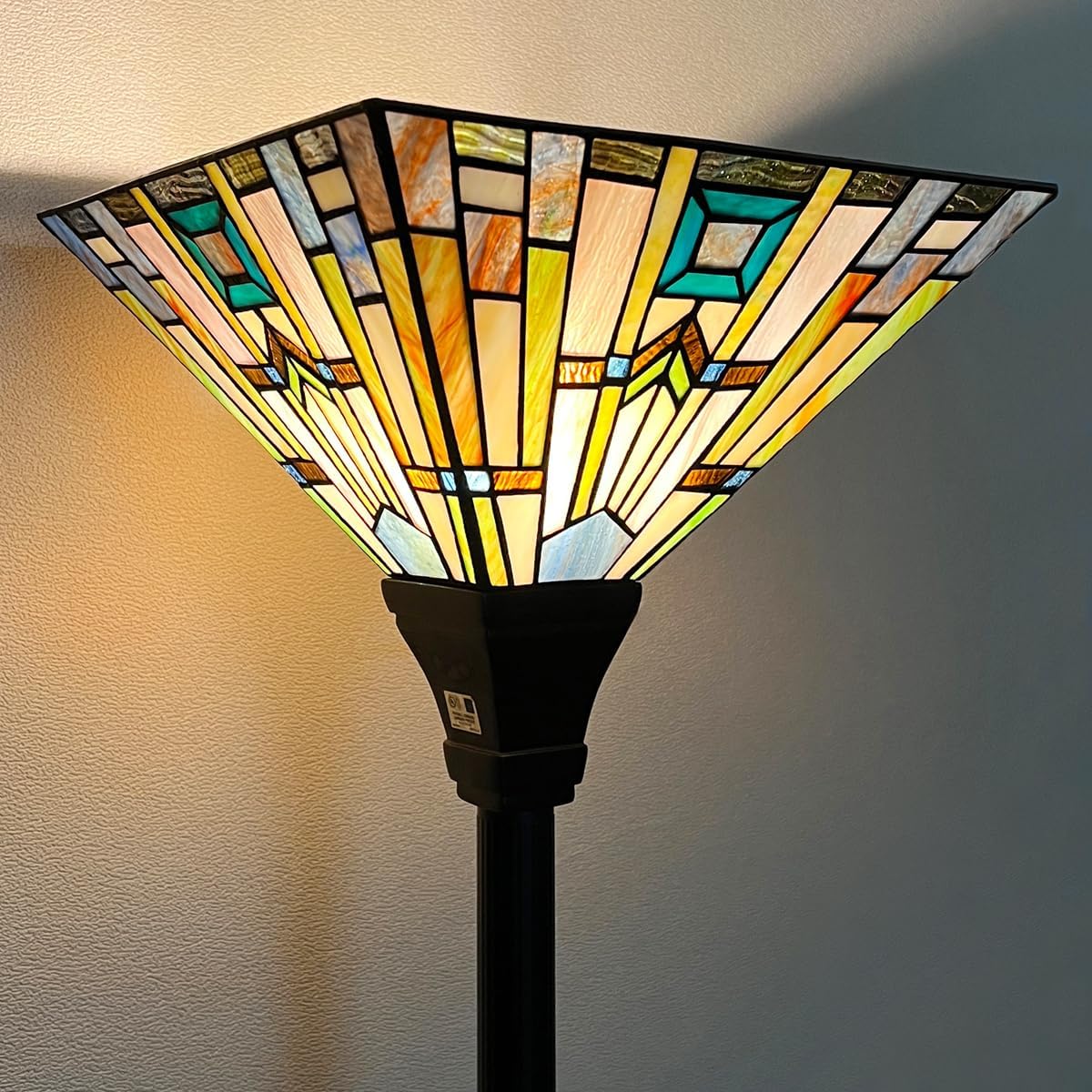 70" Tiffany Torchiere Floor Lamp - Antique Mission-Style Stained Glass Corner Standing Light for Living Room, Bedroom & Home Office
