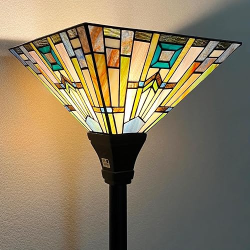 70" Tiffany Torchiere Floor Lamp - Antique Mission-Style Stained Glass Corner Standing Light for Living Room, Bedroom & Home Office