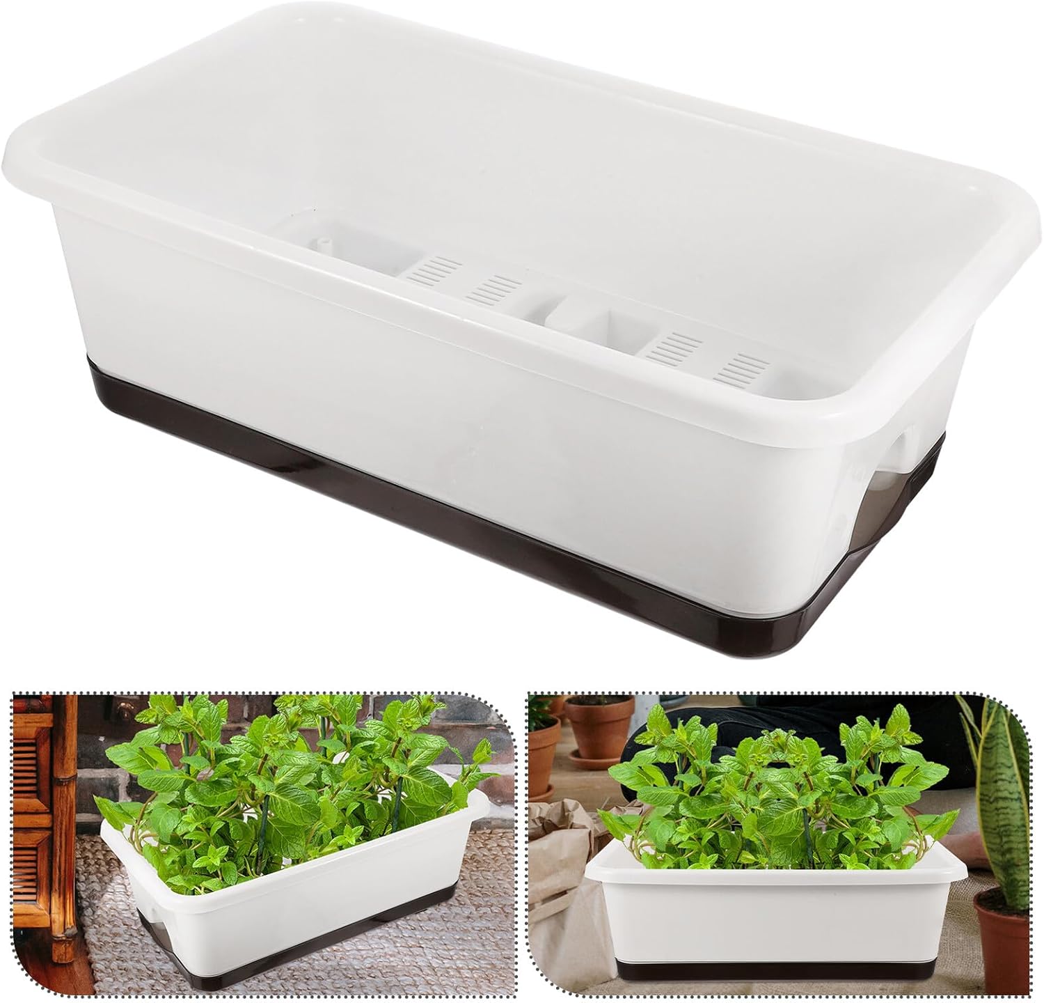 jojofuny 2pcs Rectangular Window Planter Boxes with Tray for Balcony and Windowsill, White Plastic Vegetable and Flower Pots for Home Gardening and Outdoor Planting