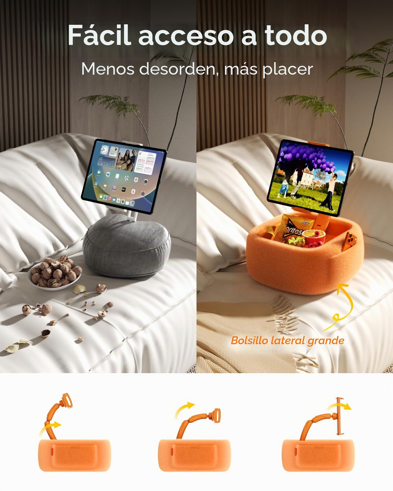 LULULOOK Soporte para Almohada mullida para Kindle Leer,Almohada para Tableta con Bandeja para Aperitivos y Brazo Plegable, para iPad,teléfono y tabletas de 4,7 a 14,6 Pulgadas para Leer en la Cama