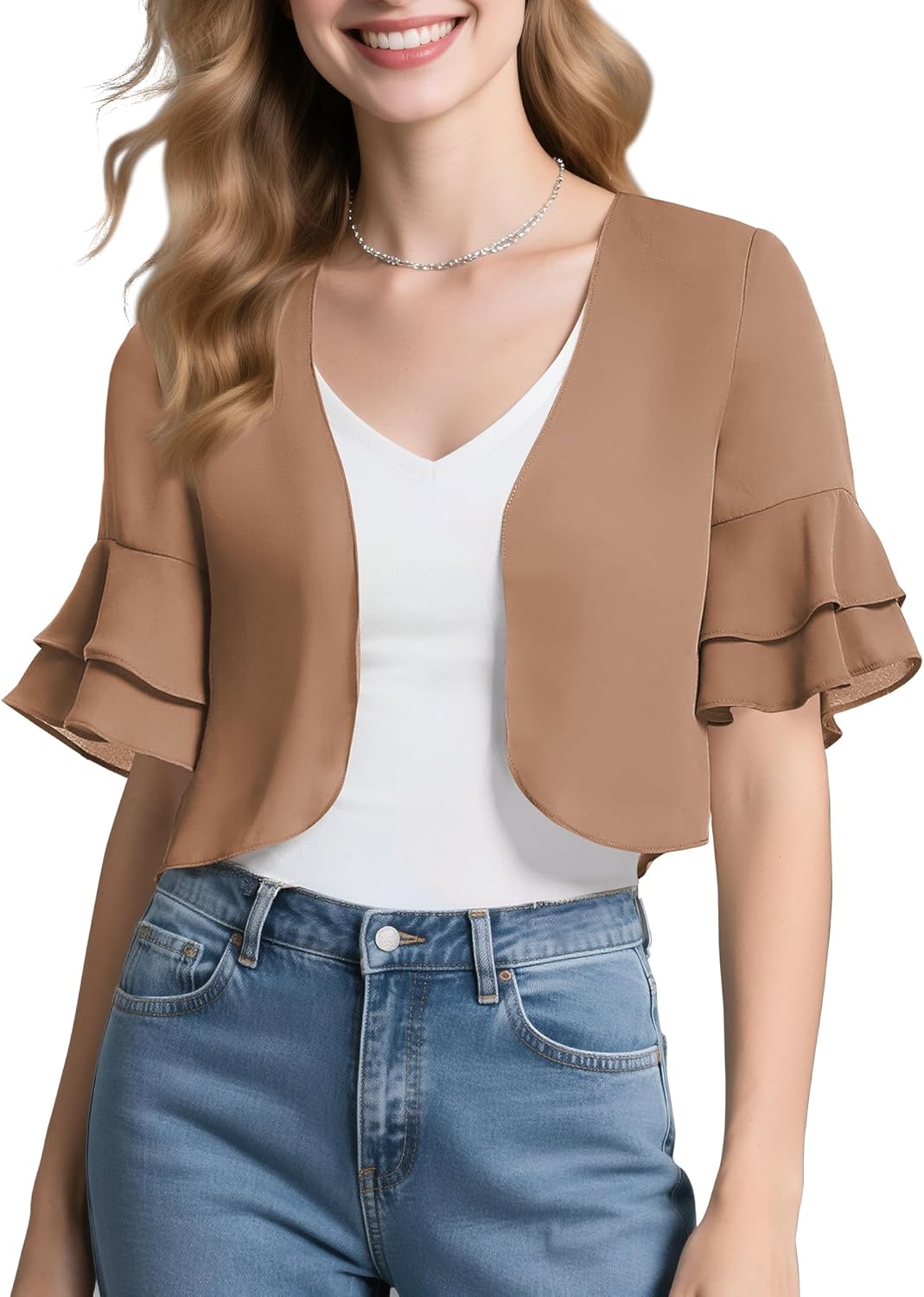 Urban CoCo Women's Sheer Chiffon Bolero Shrug Ruffle Short Sleeve Open Front Cropped Cardigan for Dresses