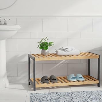 2 Tier Bamboo Shoe Rack Wooden Shoes Storage Unit, Shoe Organiser with Shelves, Wardrobe Storage, Small Shoe Rack and Boot Organiser, Shoe Storage Bench GREY/NATURAL