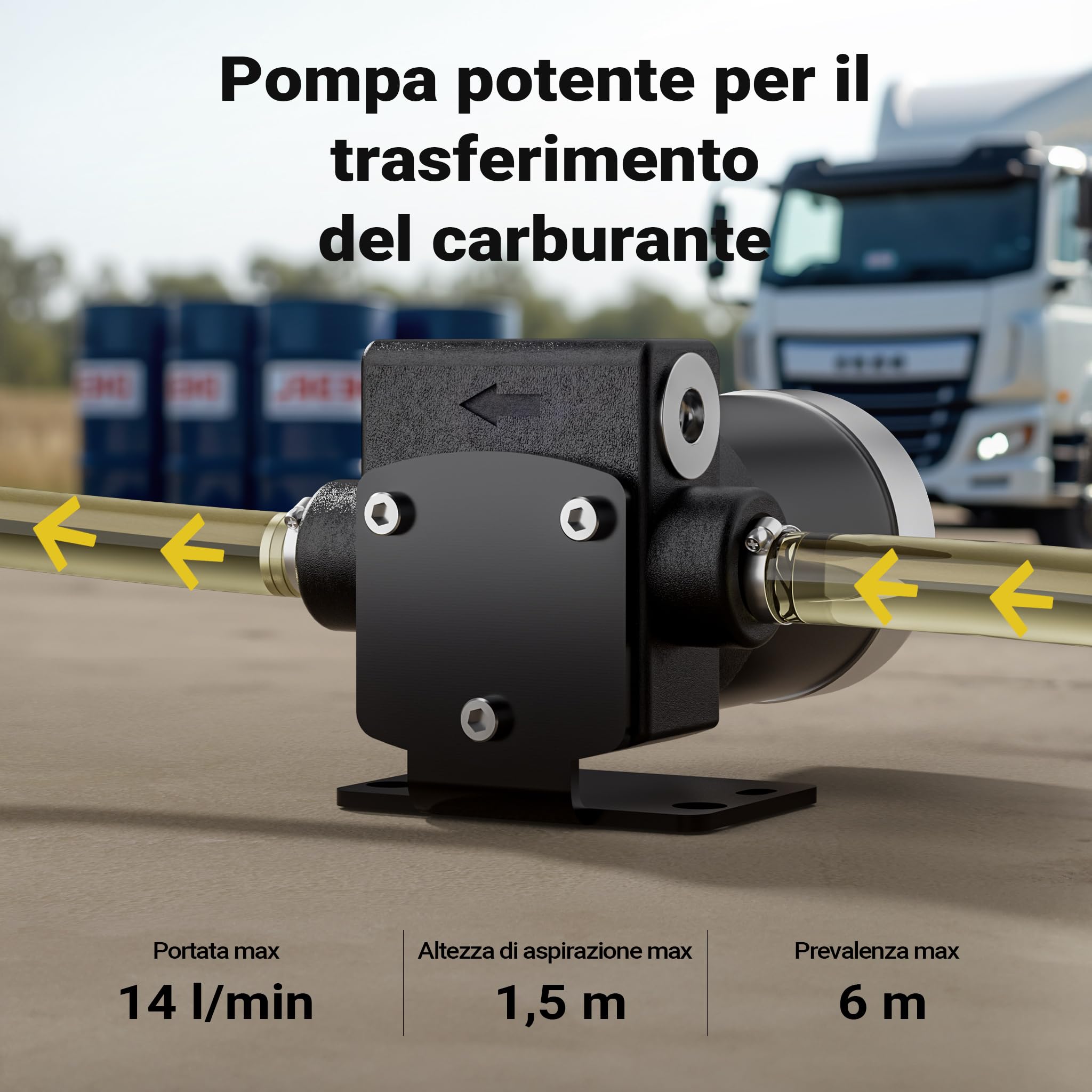 Wiltec Pompa travaso carburante 12 V 75 W, Pompa travaso gasolio/benzina, 14 l/min, 3200 giri/min, con accessori