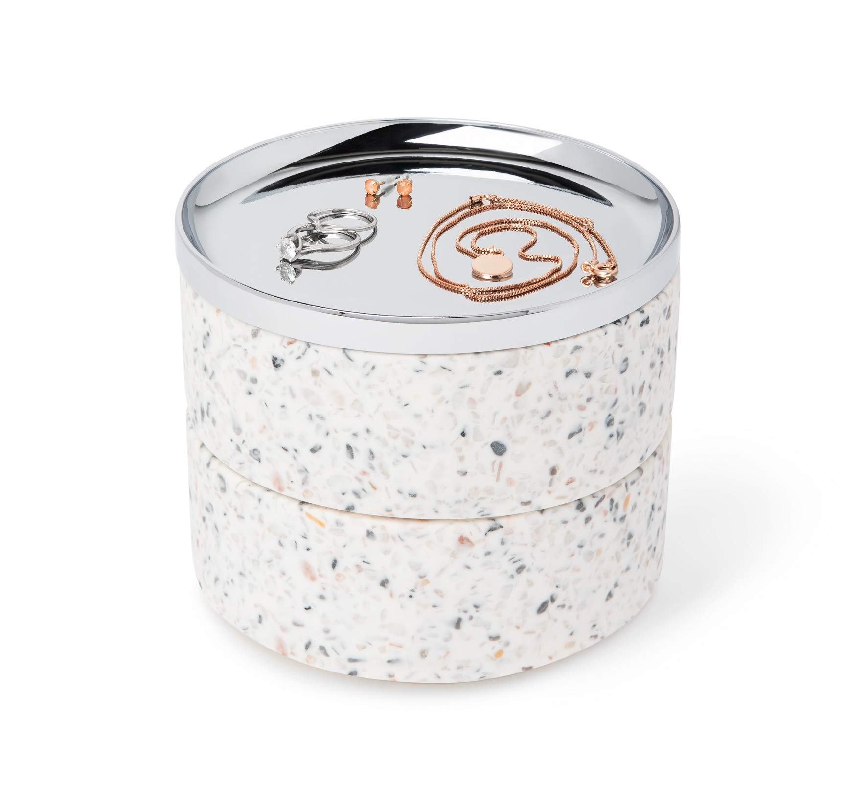 Umbra Tesora Jewelry Organizer, Two-Tier Storage Box with Removable Lid, Terrazzo/Chrome