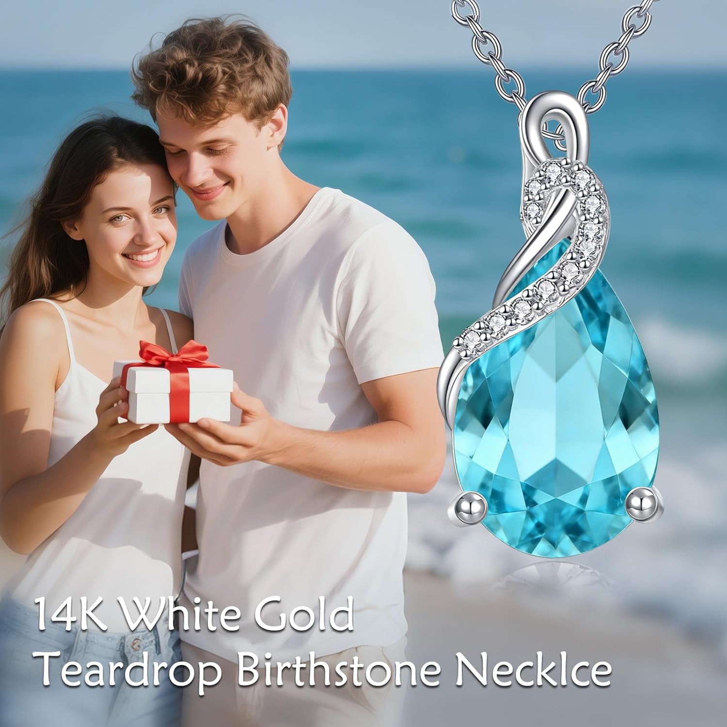 14K Real White Gold Teardrop Gemstone Necklace for Women Pear Cut Birthstone Pendant Necklaces Christmas Birthday Jewelry Gifts for Mom Wife Her, Sterling Silver Chain 18" + 2" - Image 6
