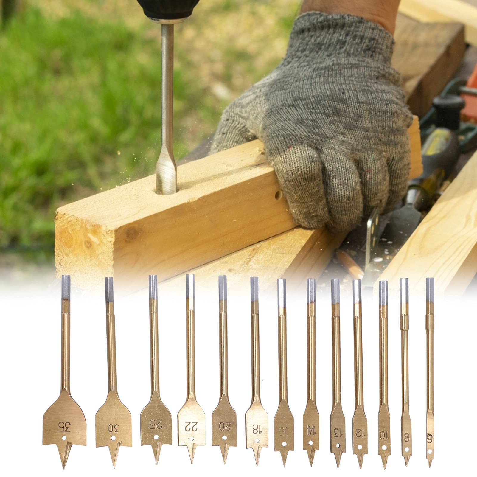 13 Pièces Mèches Plates, Mèche Plate en Acier au Carbone avec Revêtement en Titane de 6 à 35 mm, jeu de Mèches en Acier au Carbone pour le Travail du bois