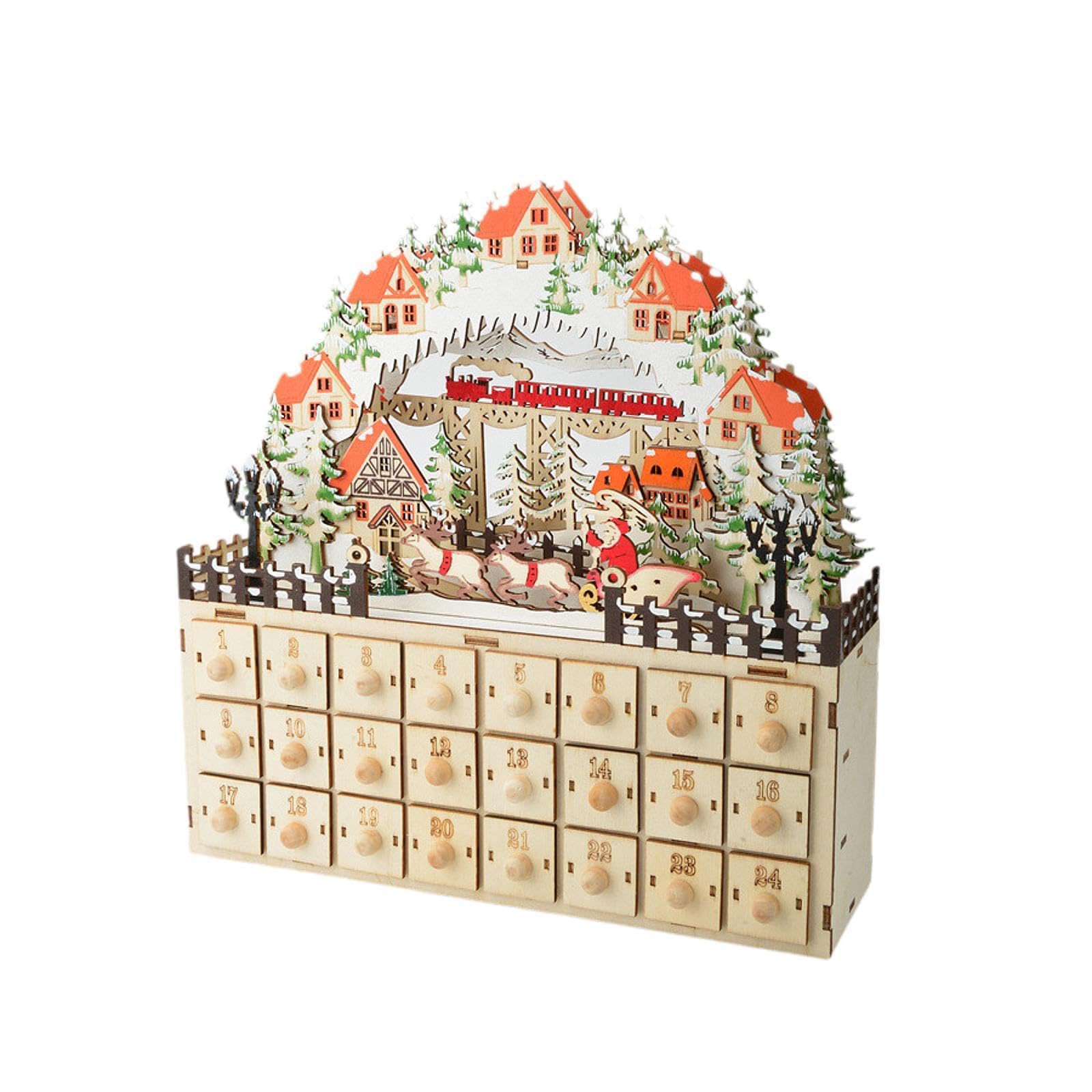 Weihnachts-Adventskalender aus Holz, beleuchtet mit 24 Schubladen, 2 Stück