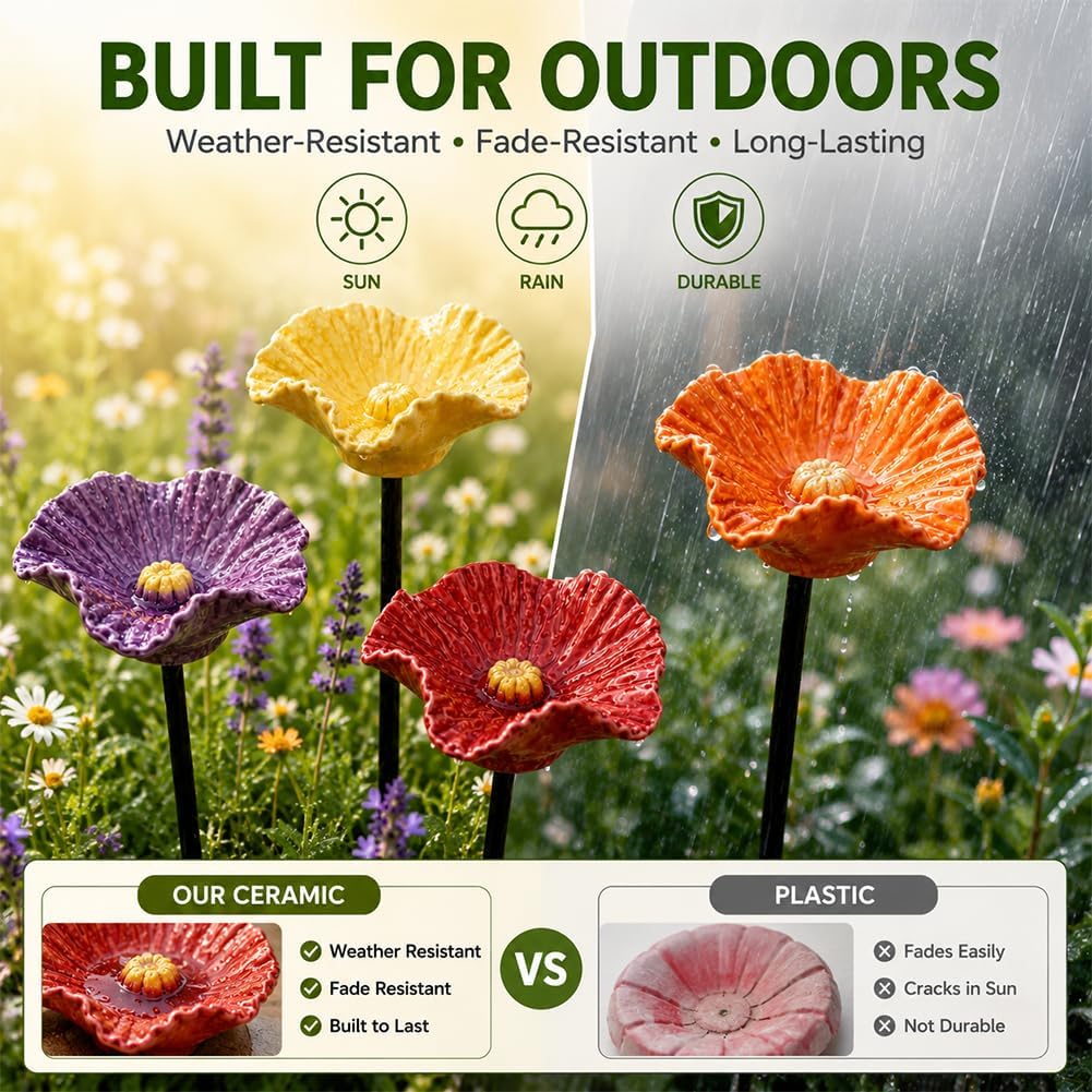 2026 Blumen Bienentränke 4er Set – Handgemachte Wetterfest, Blumenförmige Bienentränke für den Garten, Dekorative Bienenwassertränke mit Metallstab – Lockt Bienen, Schmetterlinge & Nützlinge an (4Pc)