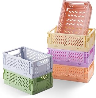 HUUSMOT 6-Pack Pastel Collapsible Storage Baskets - Small Plastic Crates for Kitchen, Office, Classroom Organizing (5.9x3.8x2.2")