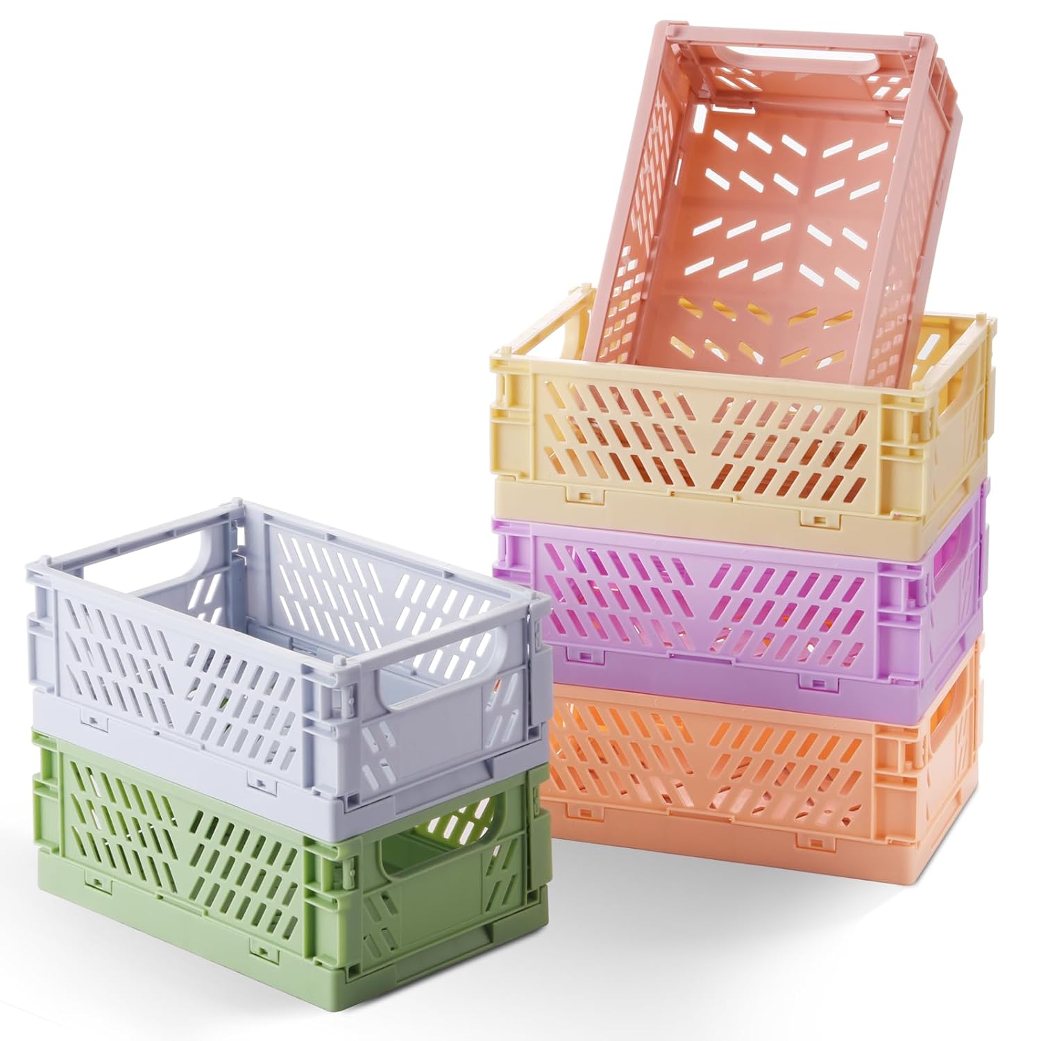 HUUSMOT 6-Pack Small Pastel Plastic Storage Baskets Collapsible Crates for Organizing Space-Saving Mini Bins for Classroom Kitchen Office