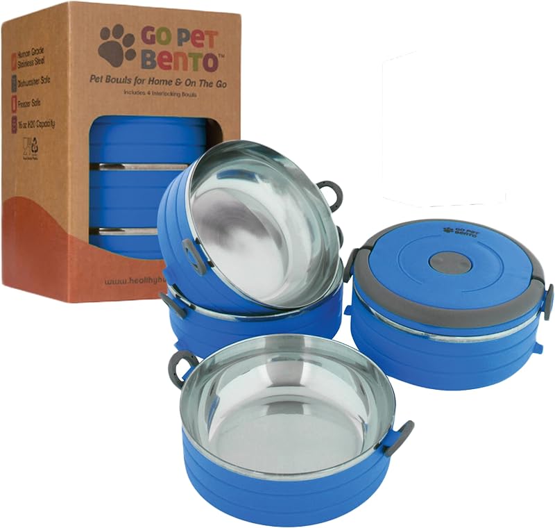 Potes para Viagem para Cães e Gatos Healthy Human em Aço Inoxidável 18/8, Conjunto com 4 (Blue)