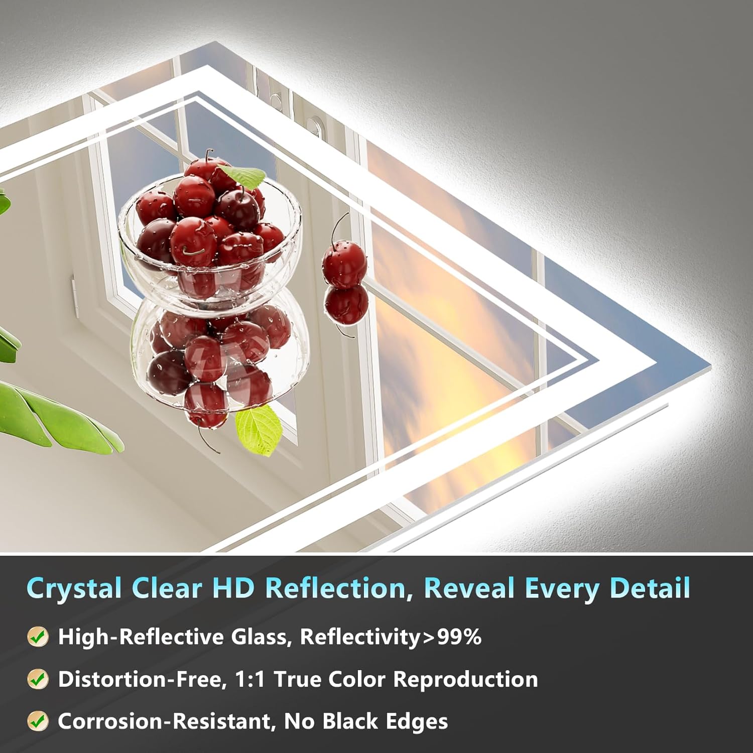 60x40 LED Bathroom Mirror with Lights, Backlit and Front Lit Anti-Fog Lighted Vanity Mirrors for Bathroom Wall, Dimmable, 3-Color Light, Memory, Shatter-Proof, HD Tempered Glass, CRI＞90